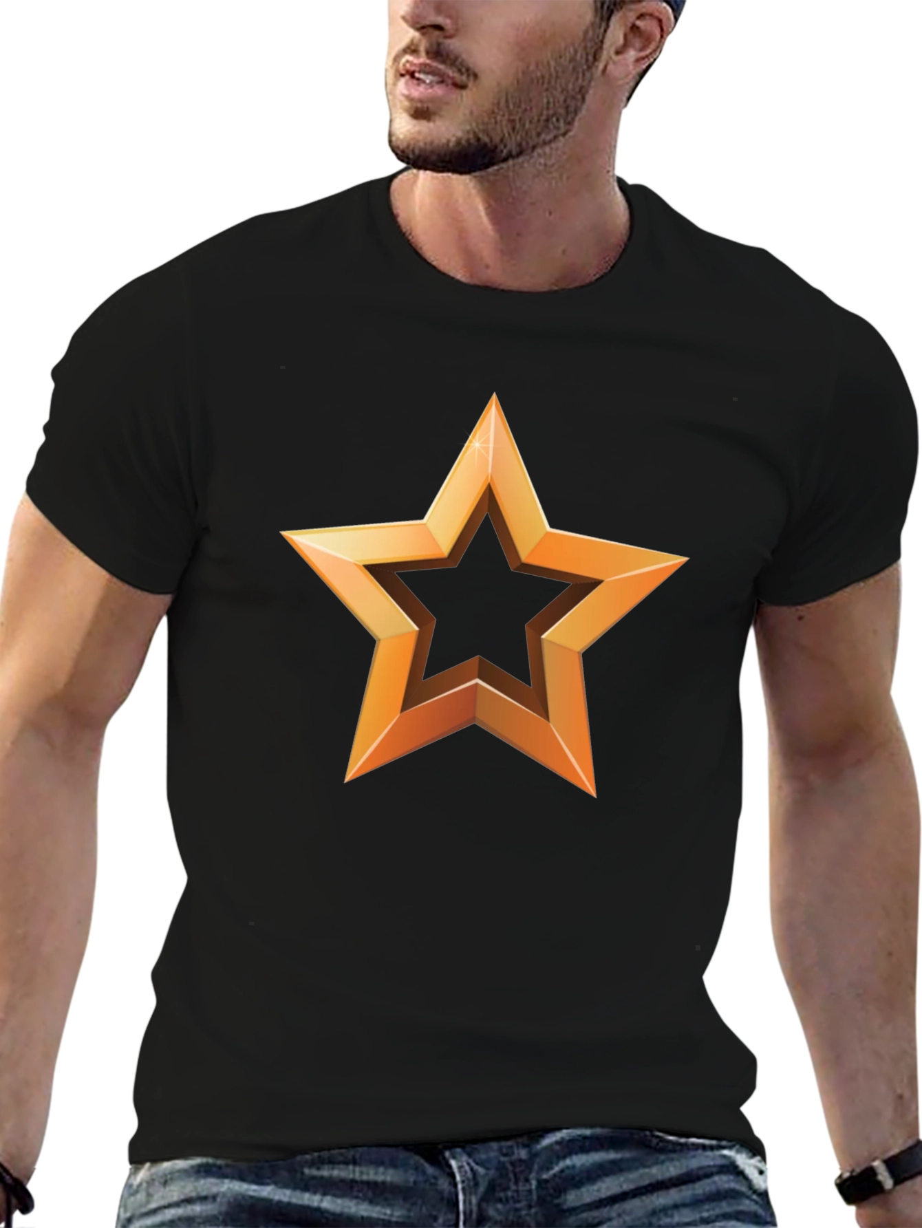 Golden Star Graphic Print Black T-Shirt - 6