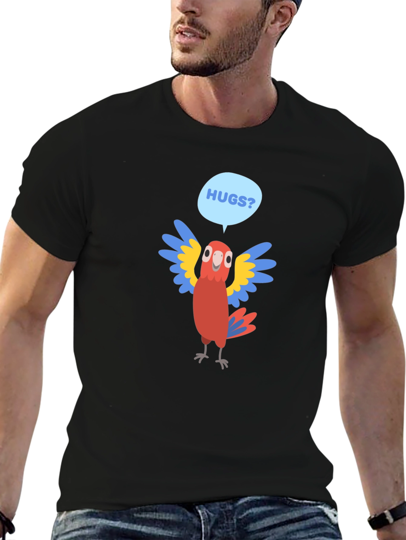 Black Hugs Parrot Graphic T-Shirt - Fun Novelty Tee view 6