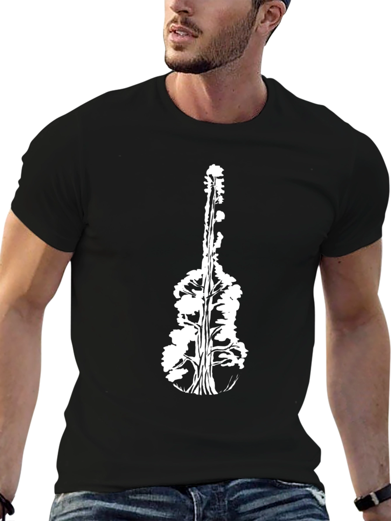 Black Guitar Tree Black T-Shirt - Nature Music Tee view 6