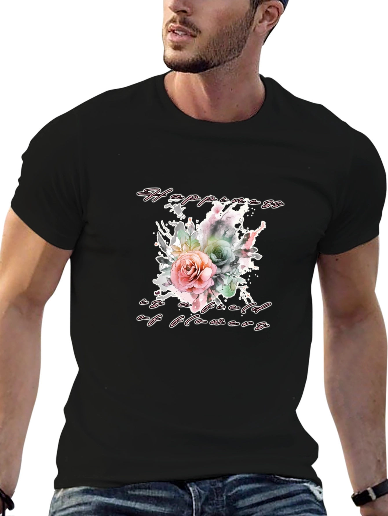 Black Floral Happiness T-Shirt - Stylish & Comfortable view 6