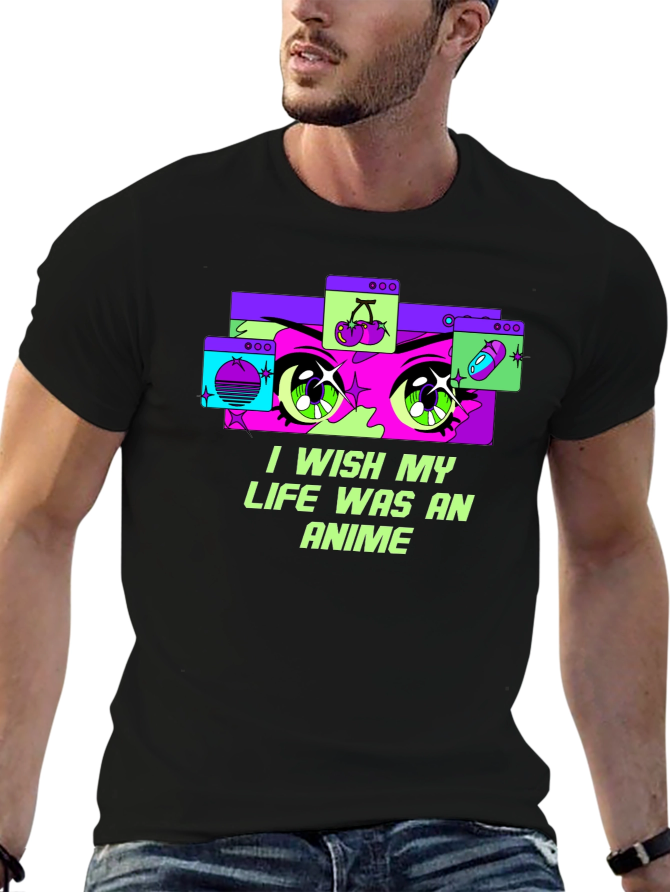 Black I Wish My Life Was Anime Graphic T-Shirt view 6