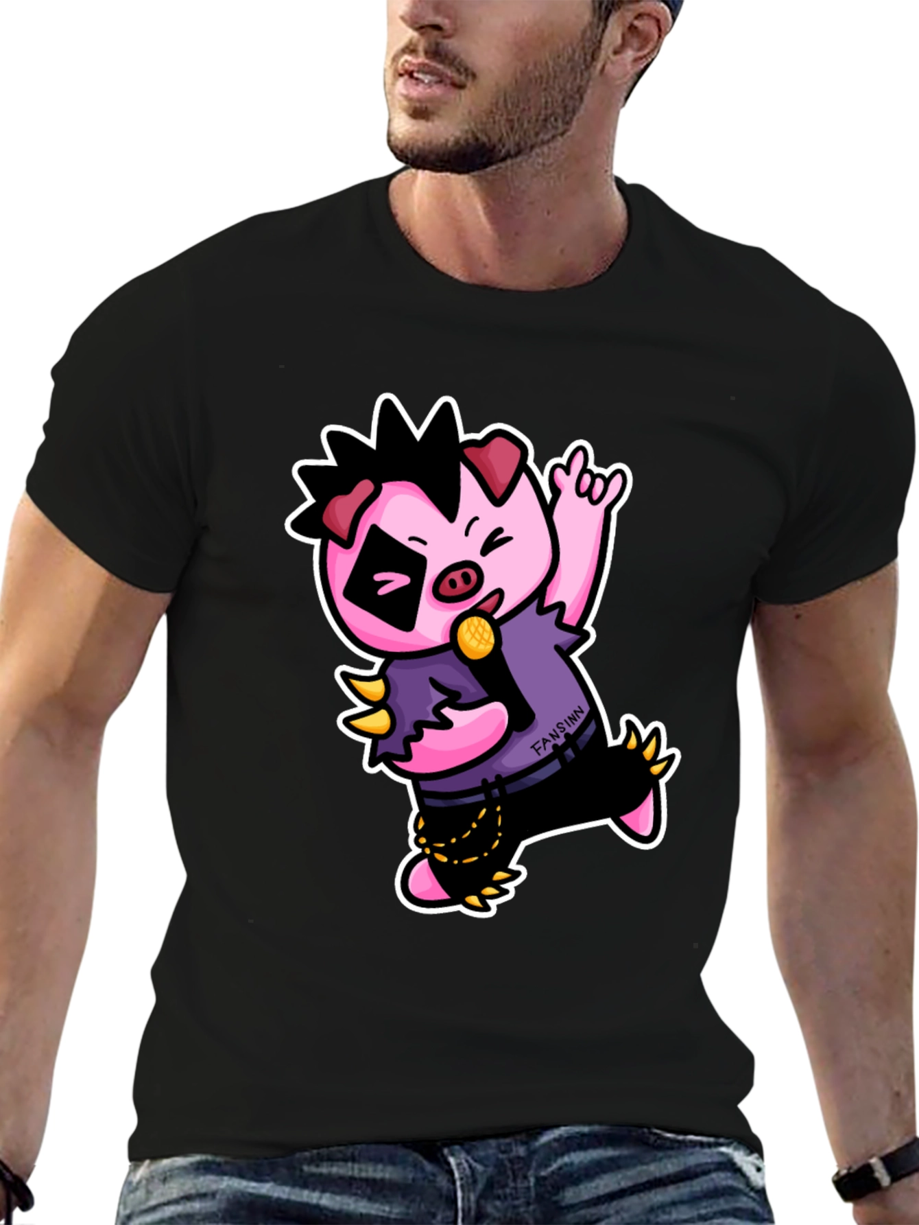 Black Cool Punk Pig T-Shirt - Black view 6