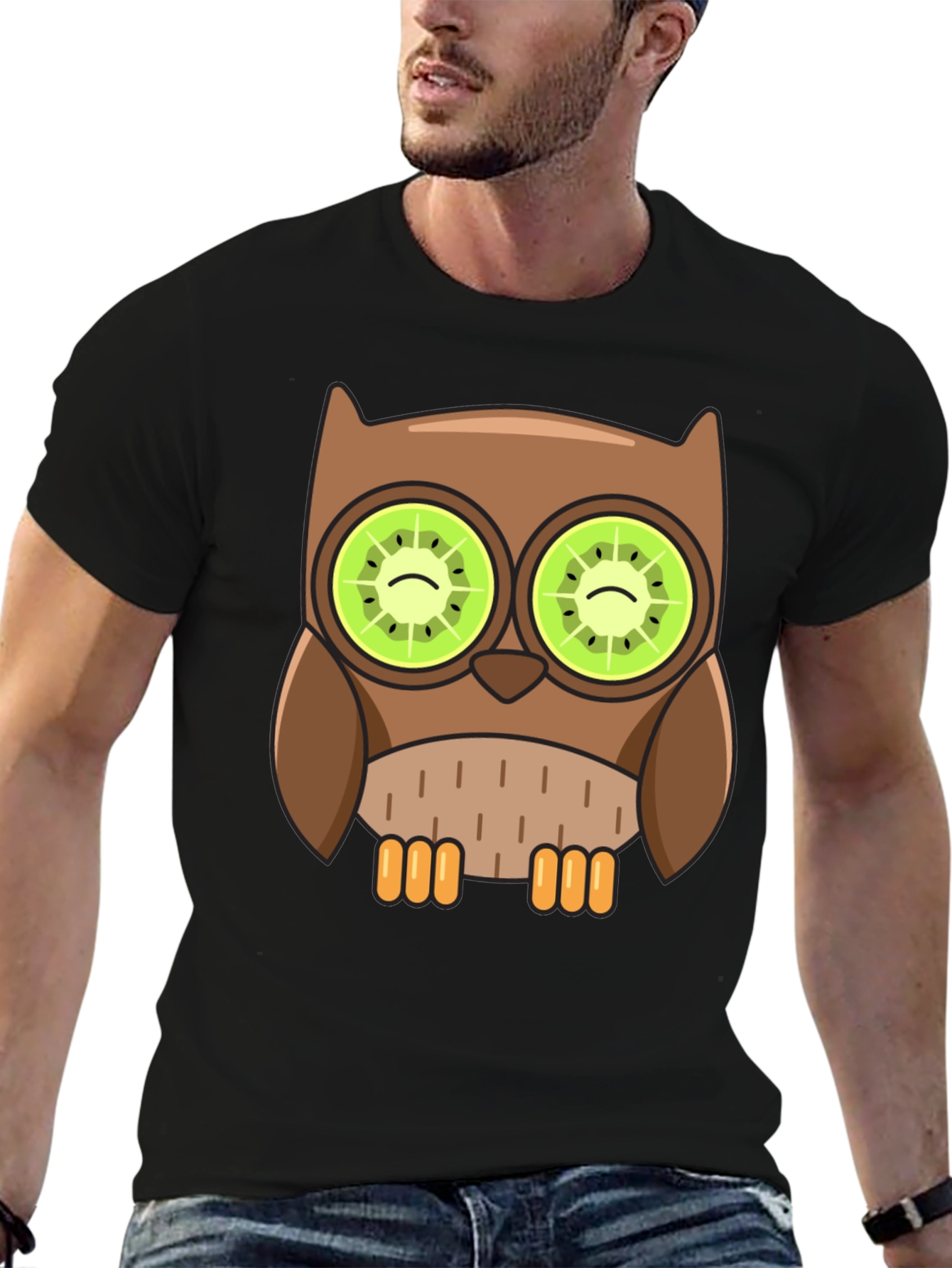 Black Whimsical Owl T-Shirt with Kiwi Eyes Design view 6
