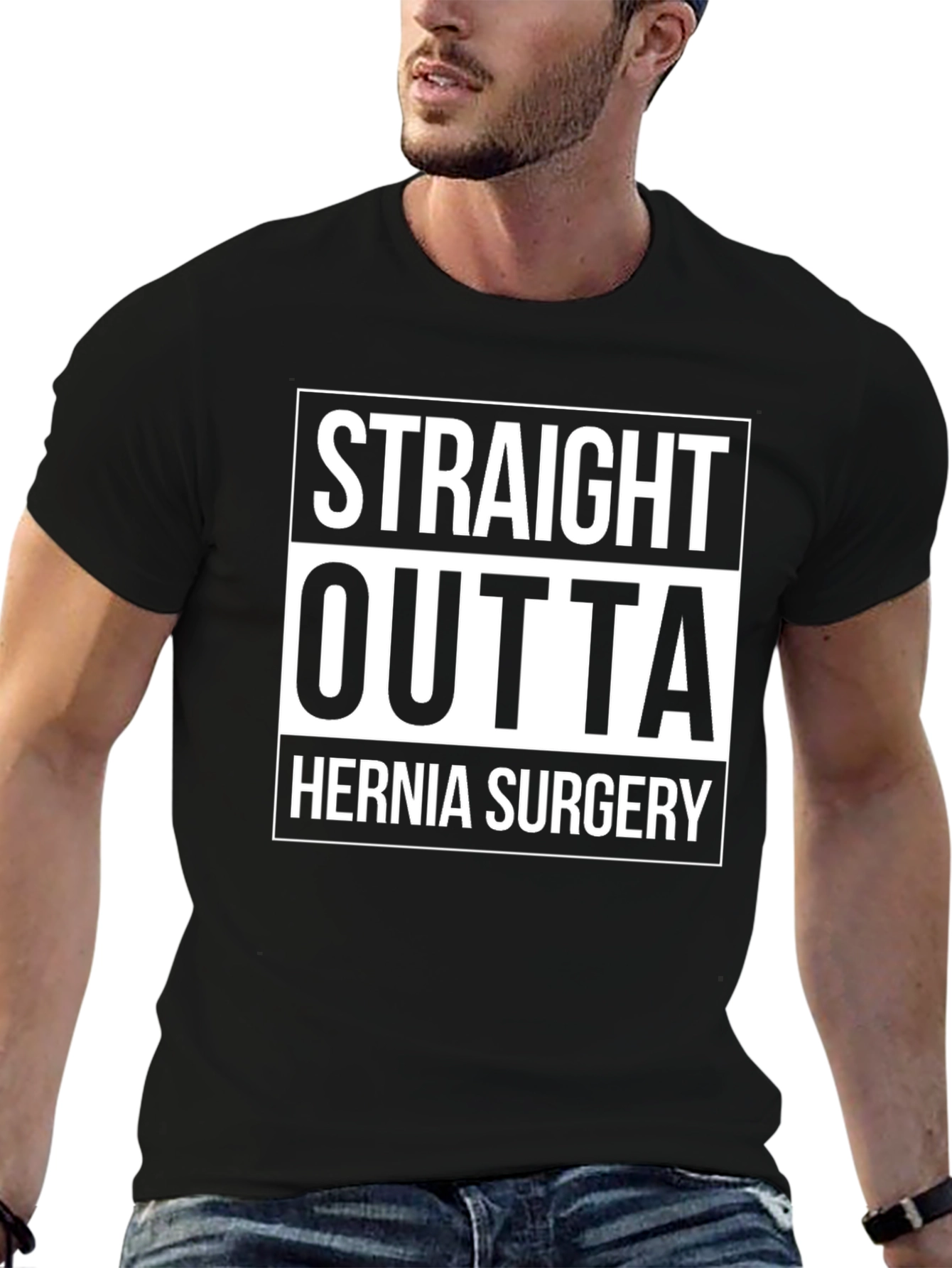Black Straight Outta Hernia Surgery Graphic T-Shirt view 6