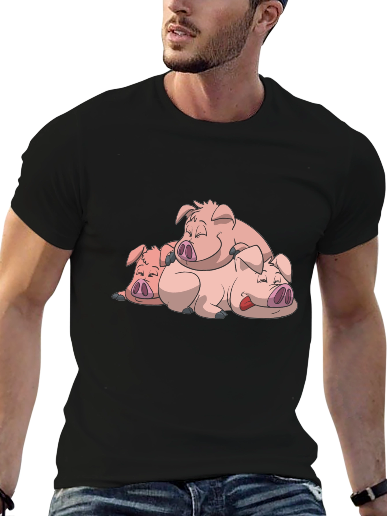 Black Cute Sleeping Pigs Black T-Shirt view 6