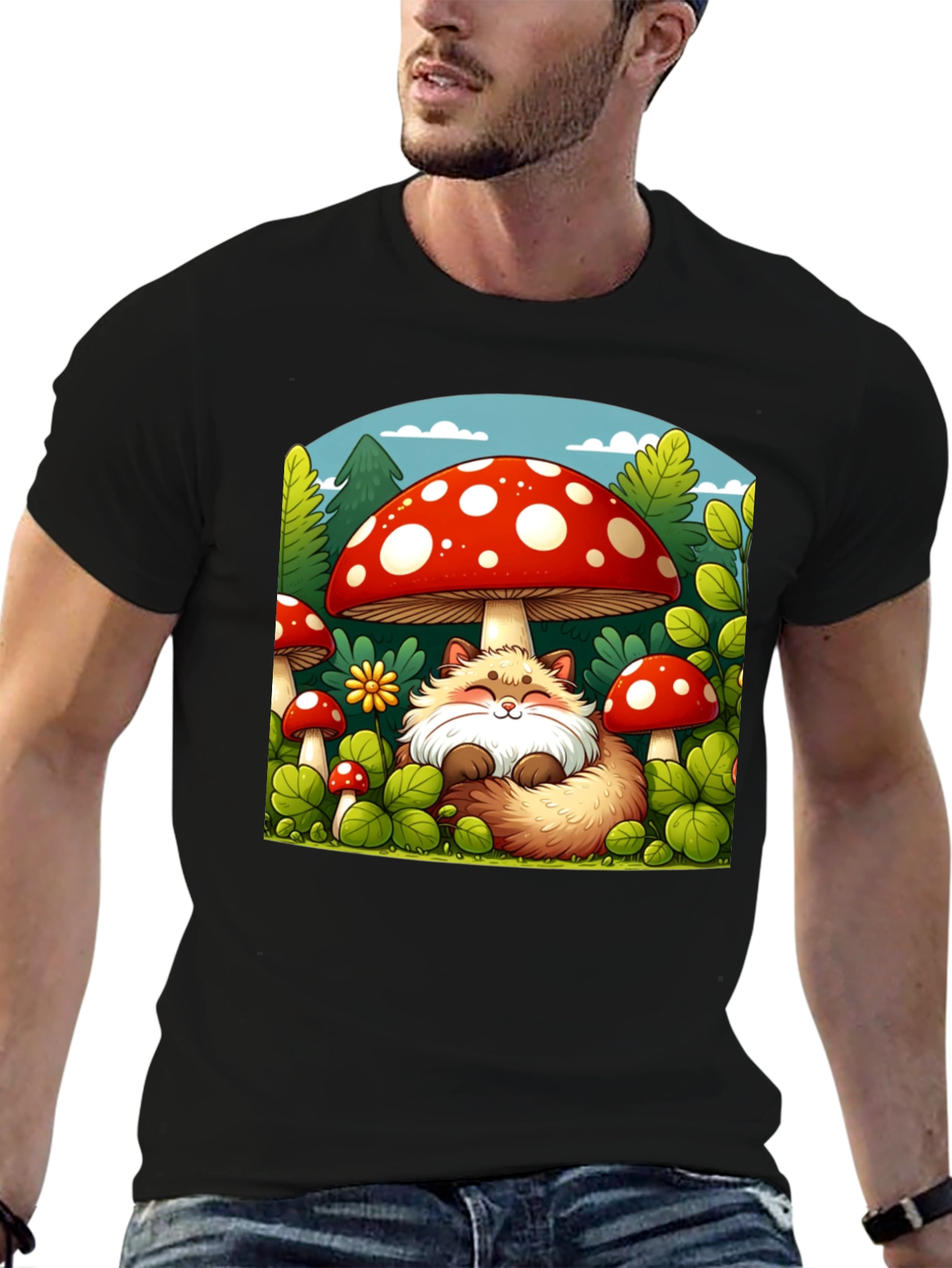 Black Whimsical Fox & Mushroom Graphic T-Shirt view 6