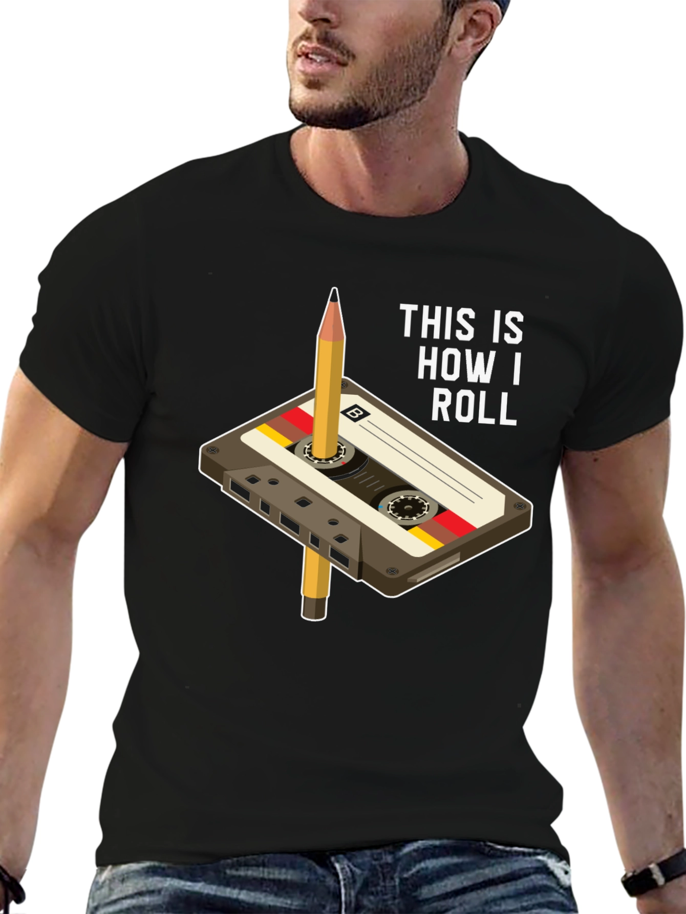 Black Retro Cassette Tape & Pencil T-Shirt - This Is How I Roll view 6