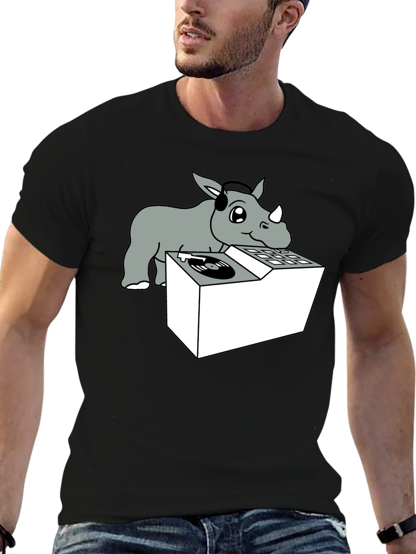 Black DJ Rhino Graphic Tee - Music Lover Shirt view 6