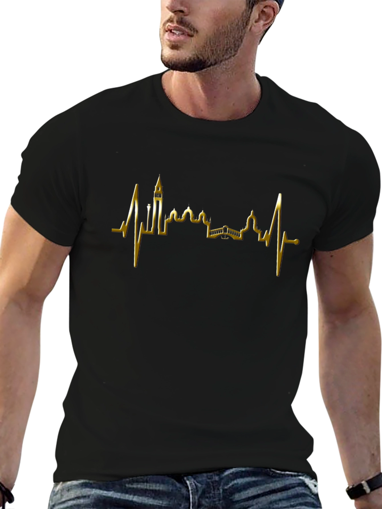 Black Venice Skyline Heartbeat Graphic Tee - Black view 6
