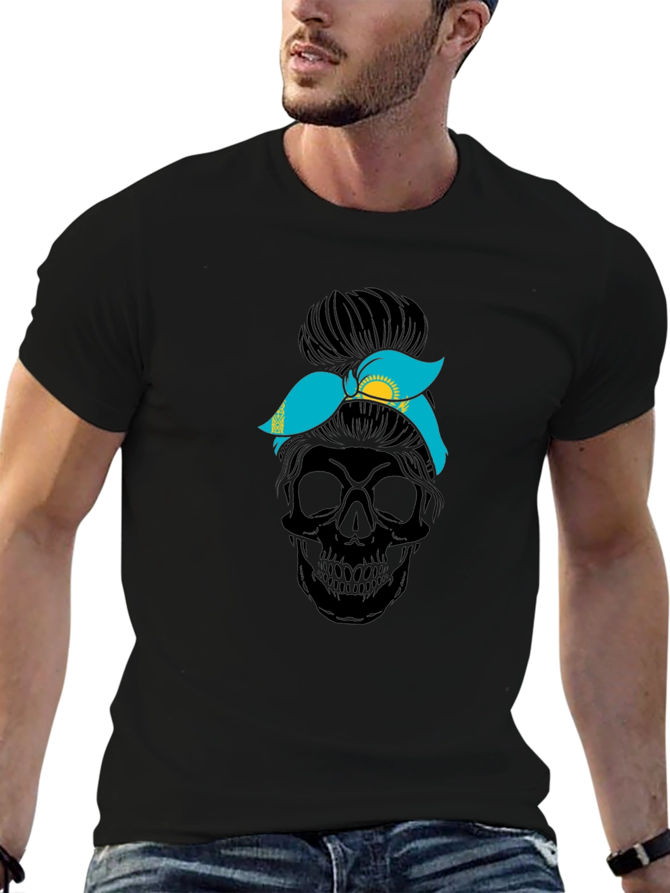 Skull Messy Bun Kazakhstan Flag T-Shirt - 6