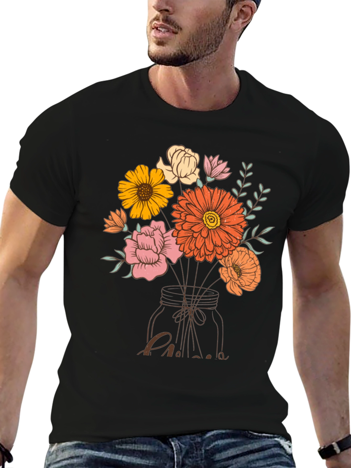Black Floral Bouquet in Mason Jar Graphic Tee view 6