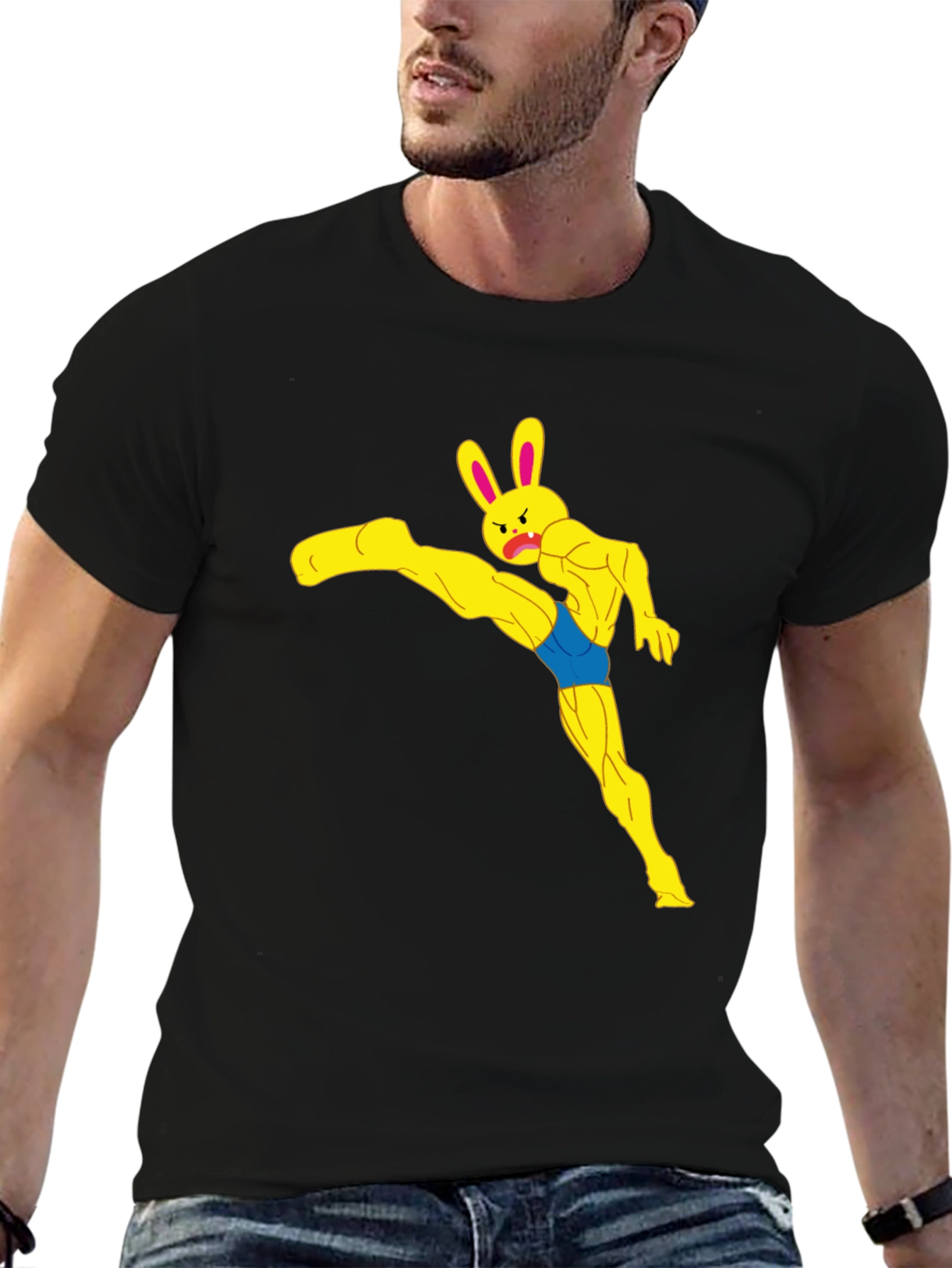 Black Funny Muscle Bunny Graphic Tee - Black view 6