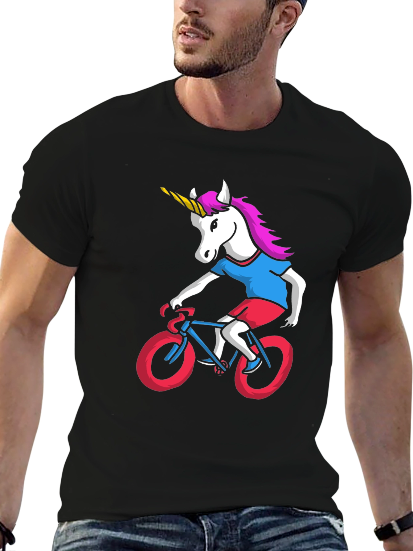 Black Unicorn Riding Bike Graphic Tee view 6