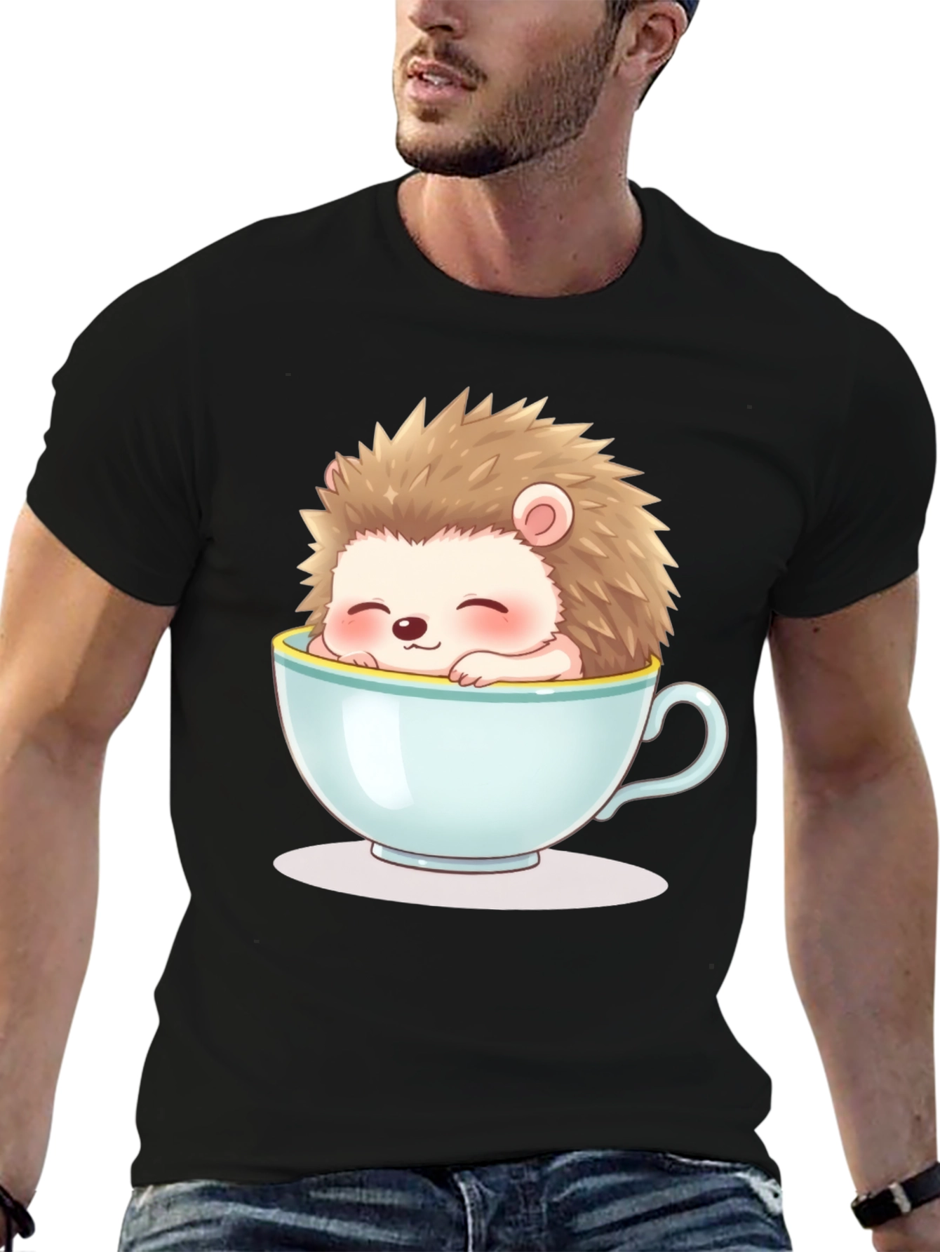 Black Cute Hedgehog in Teacup Graphic Tee - Unisex view 6