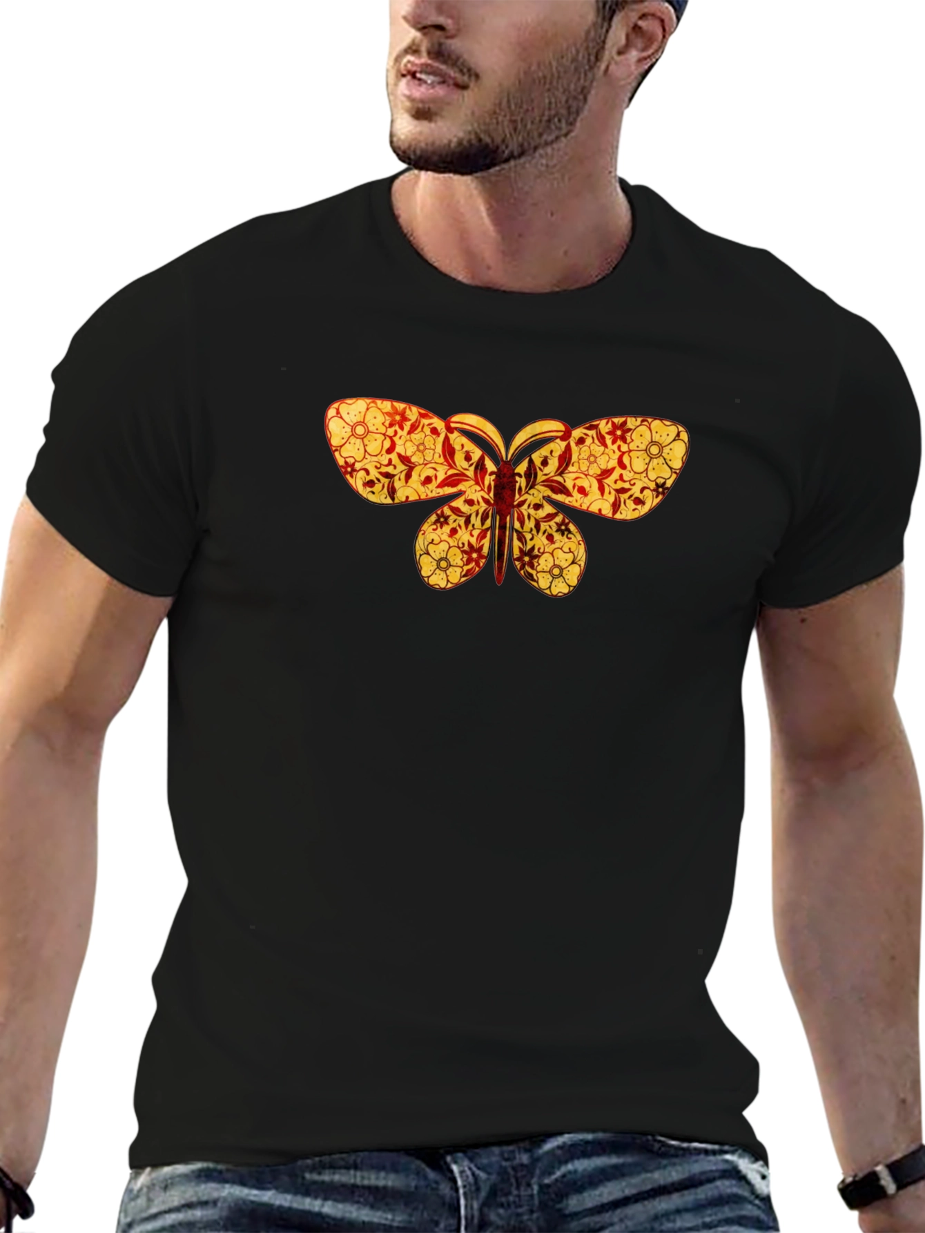 Black Floral Butterfly Print Black T-Shirt view 6