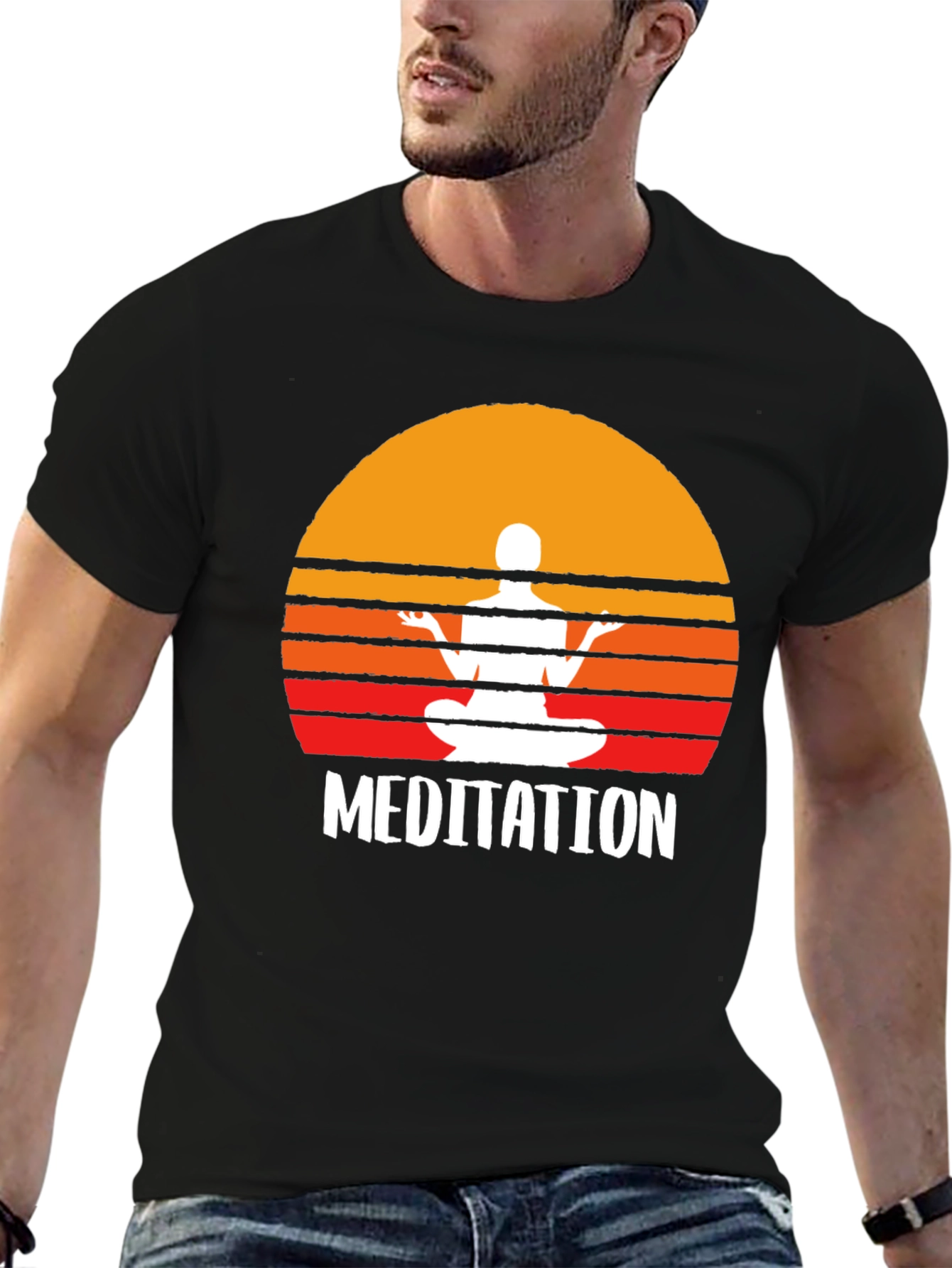 Black Meditation T-Shirt - Zen Sunset Design view 6