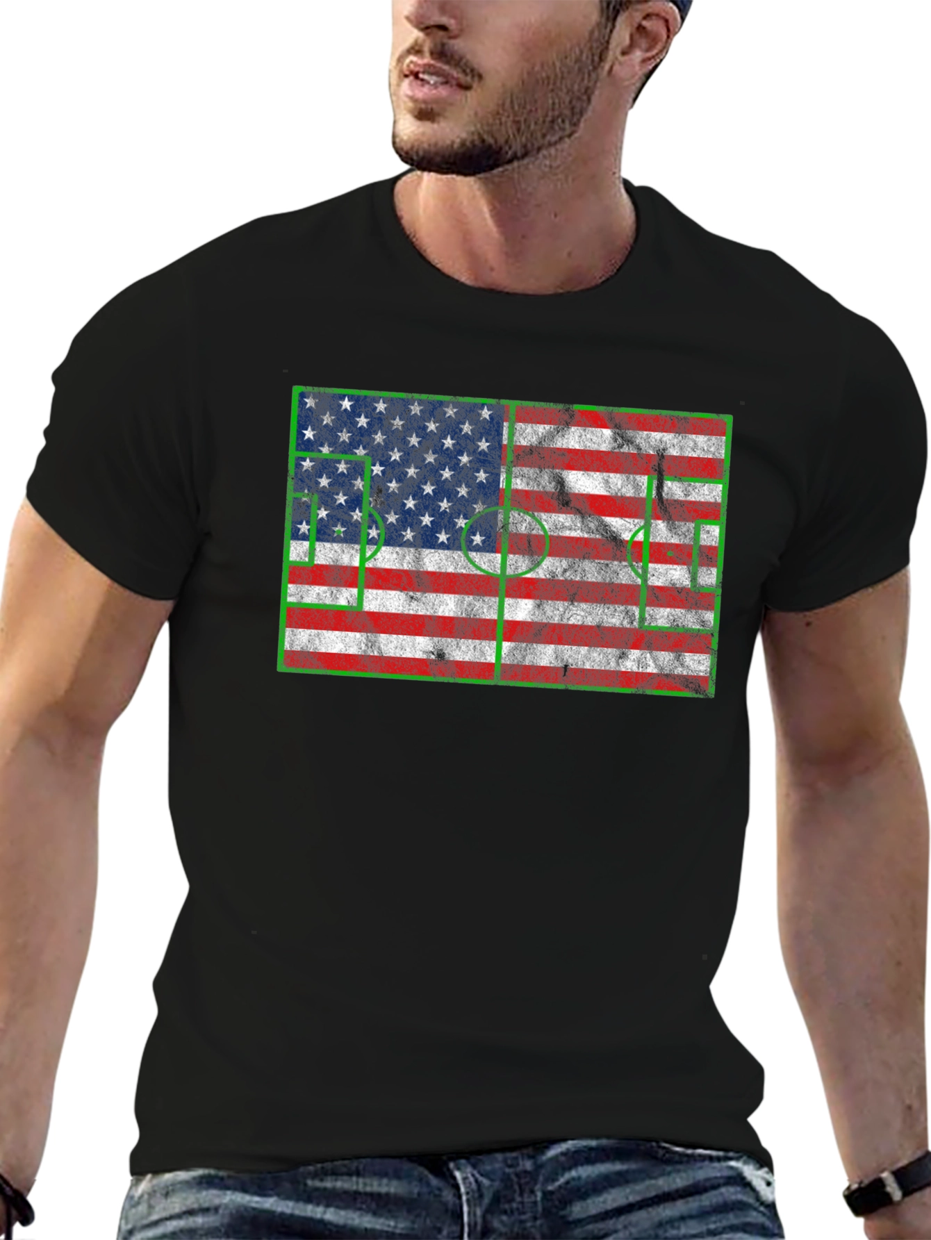 Black American Flag Soccer T-Shirt view 6
