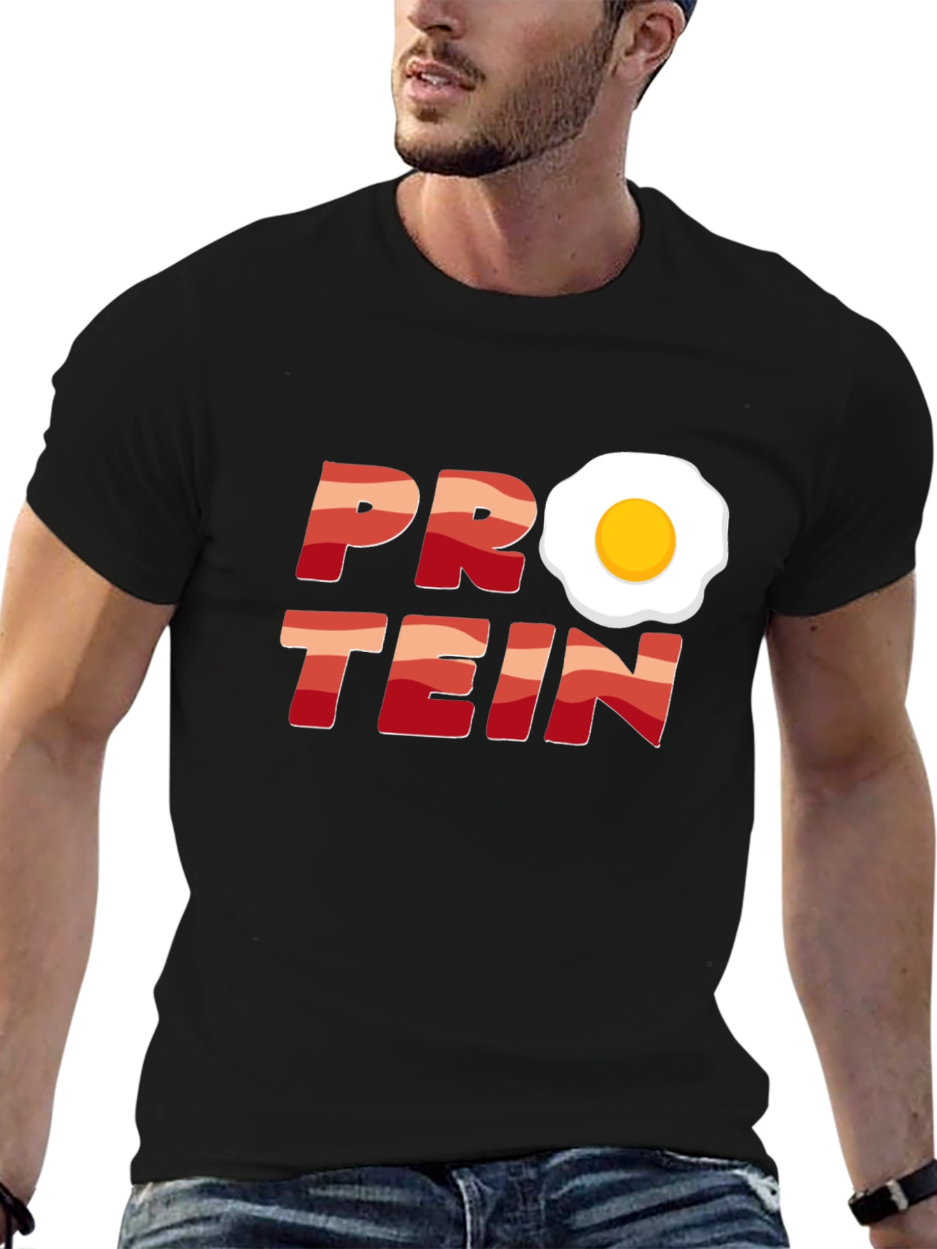 Black Protein Bacon & Egg T-Shirt - Funny Fitness Tee view 6