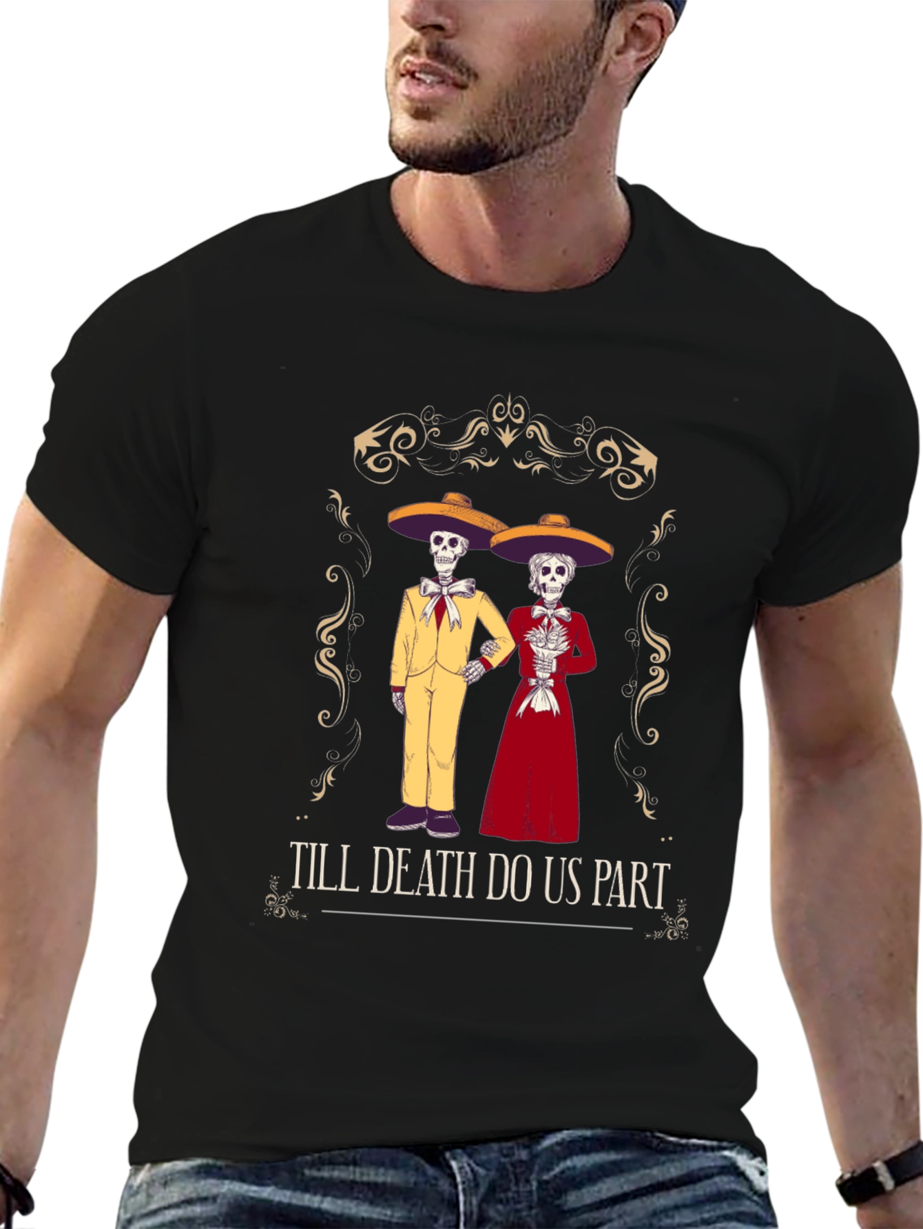 Black Till Death Do Us Part Skeleton Couple T-Shirt view 6