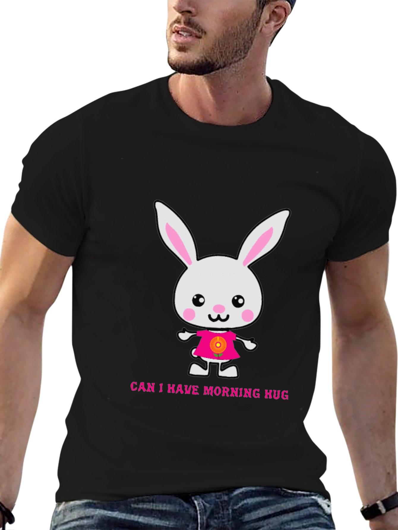 Black Cute Bunny Morning Hug T-Shirt view 6
