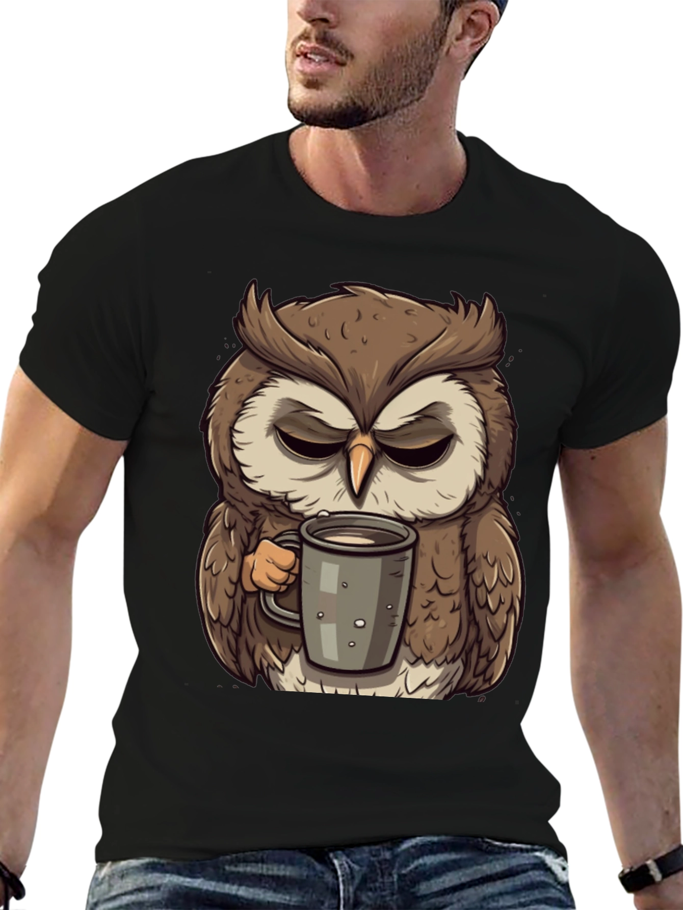 Black Grumpy Owl Coffee T-Shirt - Cute Cartoon Tee view 6