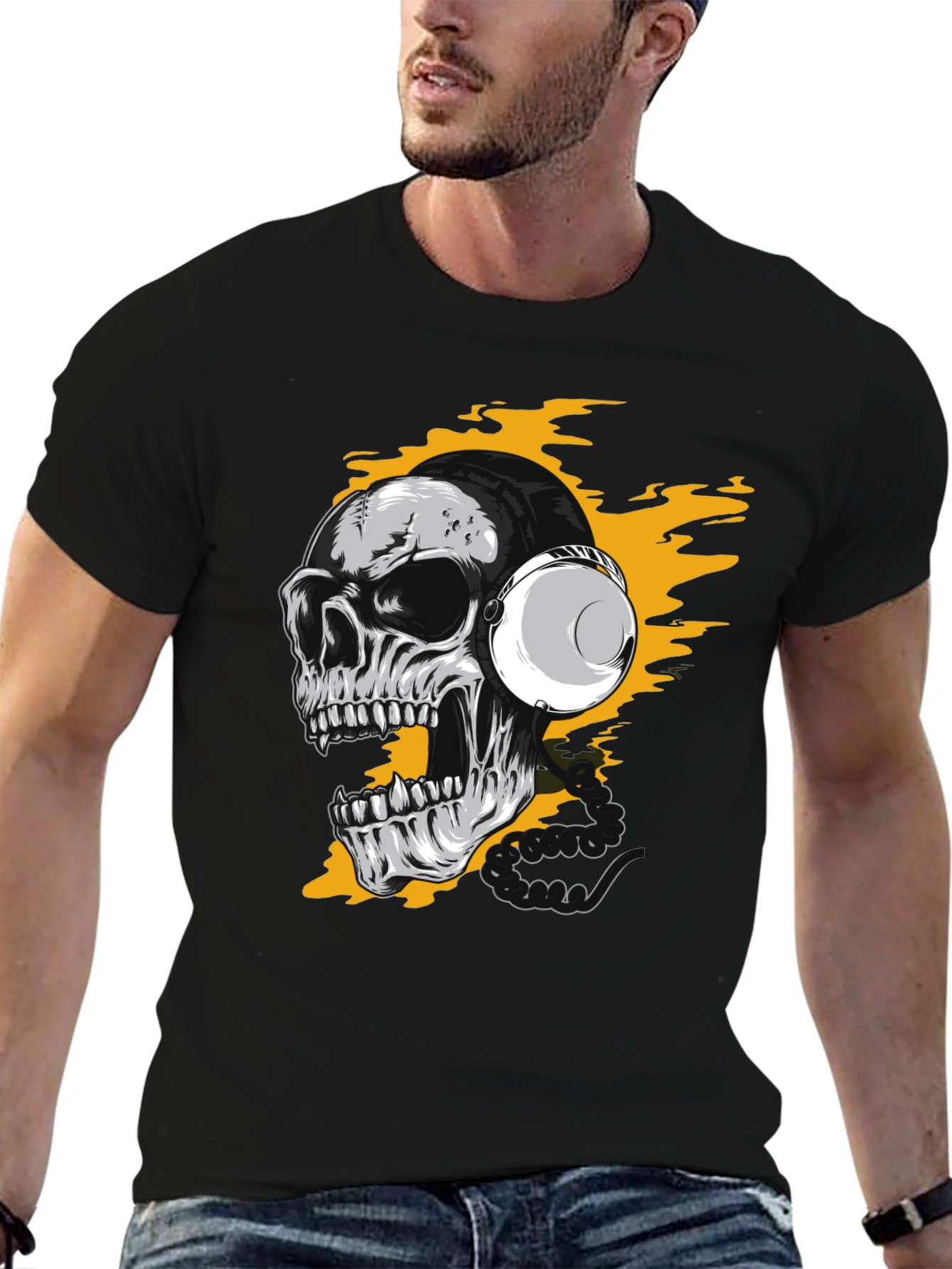 Black Skull Headphones Graphic Tee - Rocker Style view 6