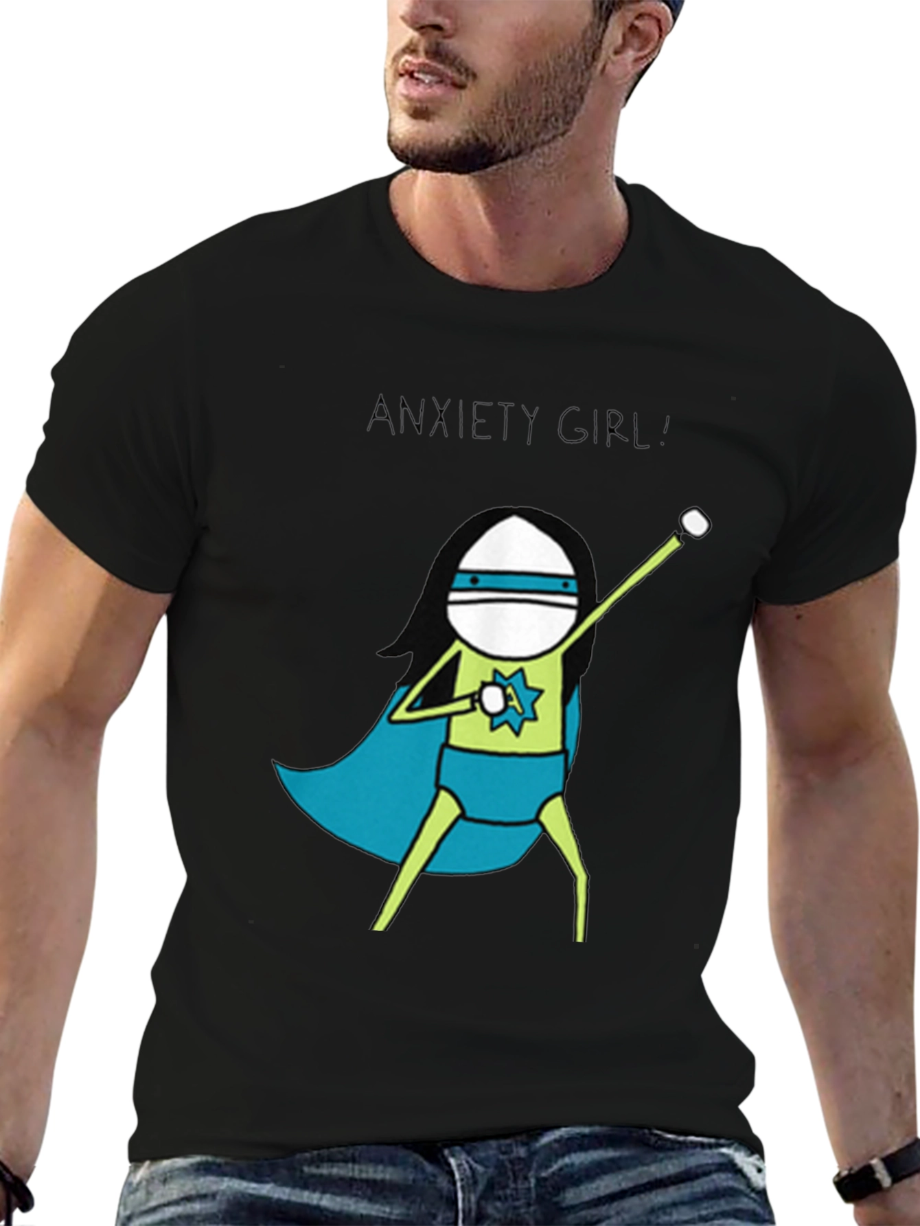 Black Anxiety Girl T-Shirt - Super Hero Graphic Tee view 6
