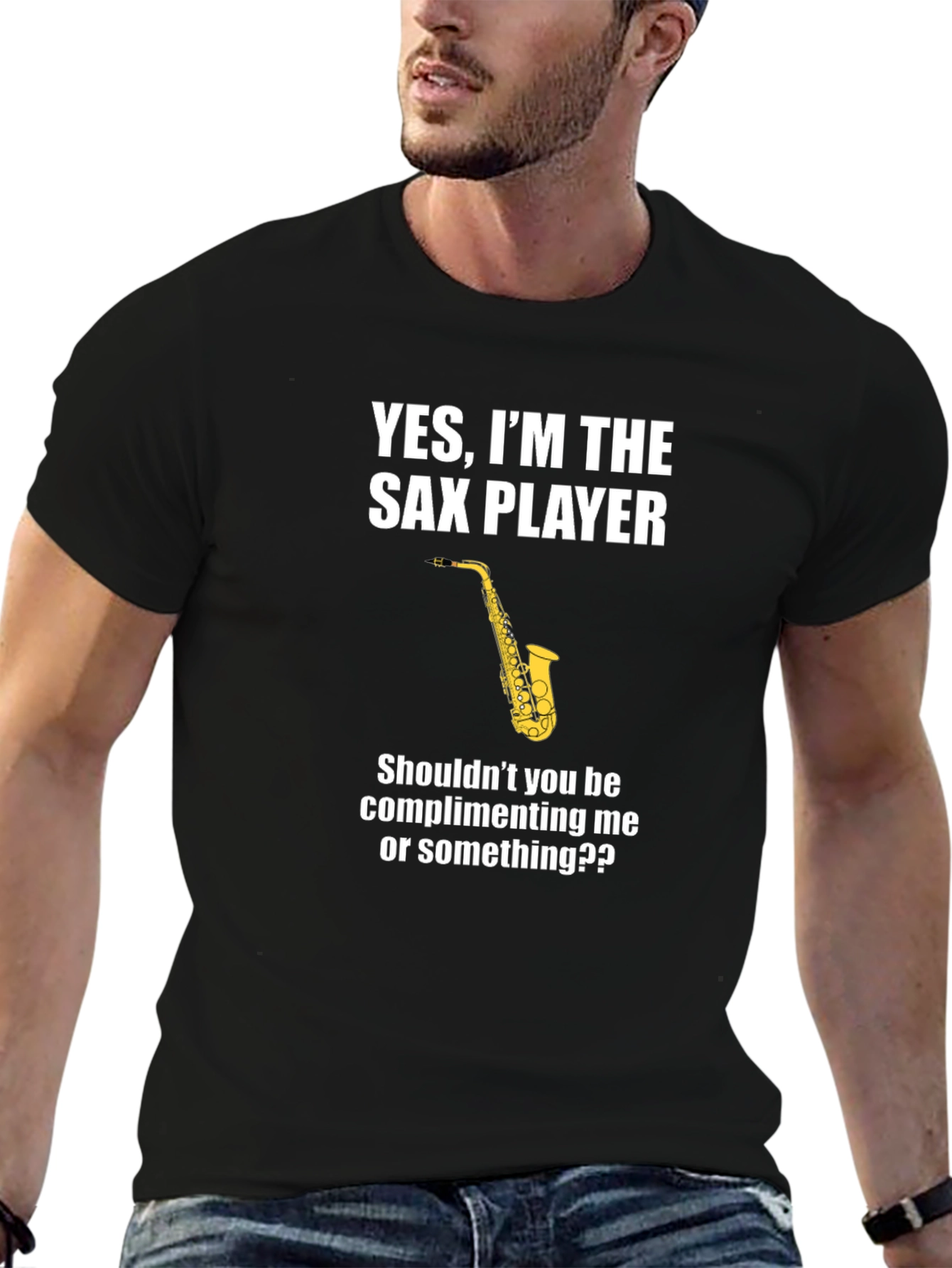 Black Sax Player T-Shirt - Humorous Musical Tee view 6