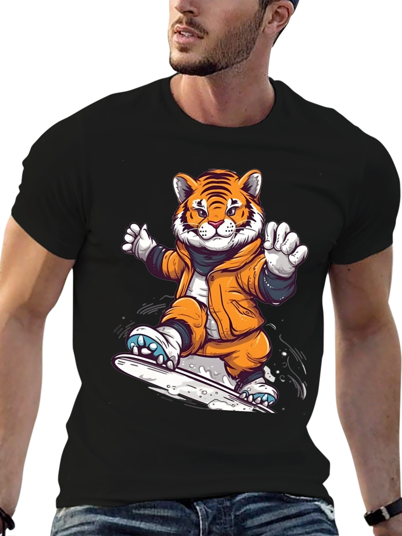 Black Cool Tiger Snowboarding Black T-Shirt view 6