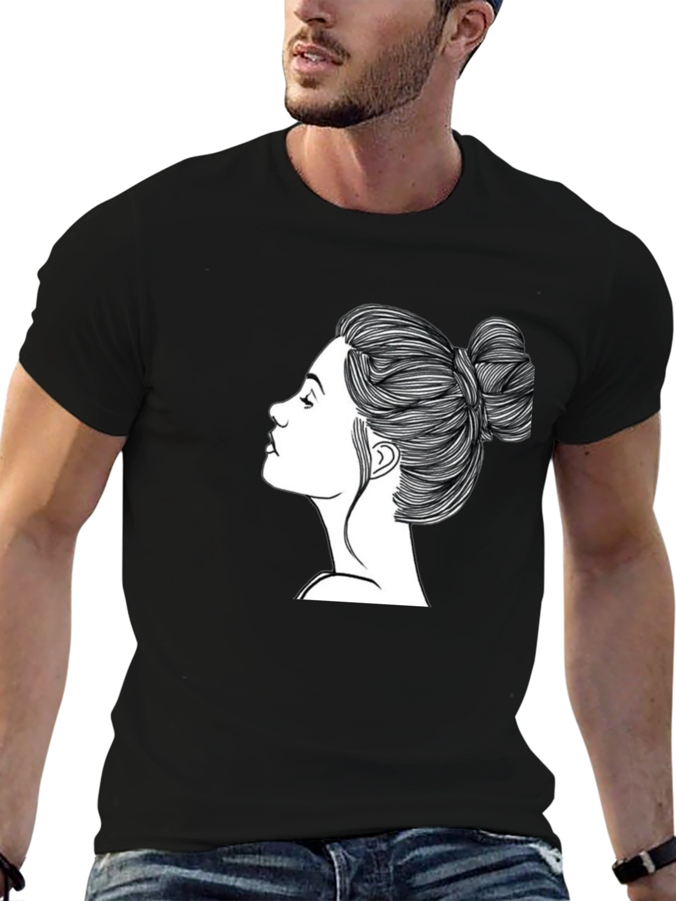 Black Black T-Shirt with Woman's Hair Bun Design view 6