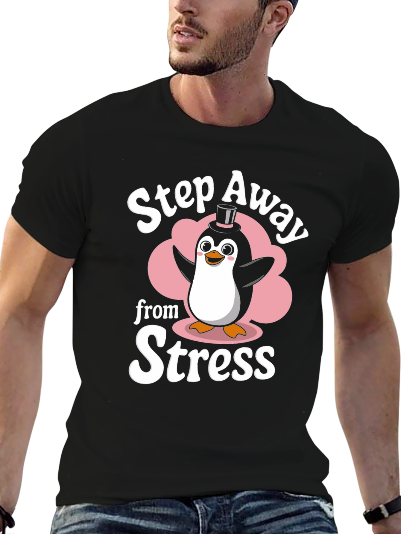 Black Step Away from Stress Penguin Graphic T-Shirt view 6
