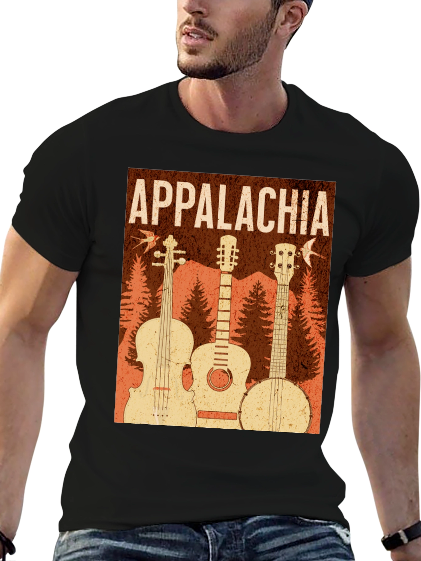 Black Appalachia Music T-Shirt: Vintage Guitar, Banjo & Fiddle view 6