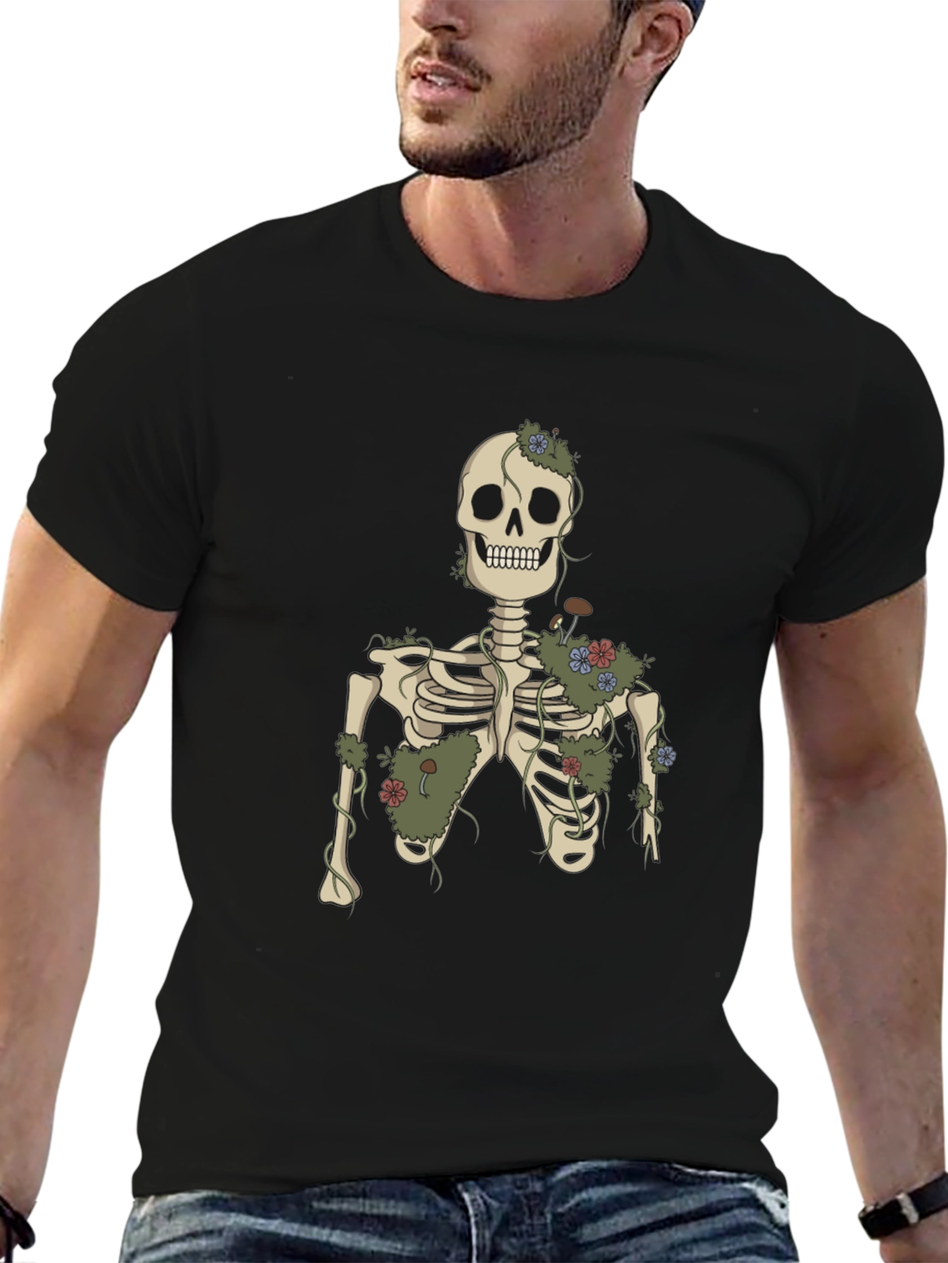 Black Floral Skeleton Graphic Tee - Black Cotton view 6