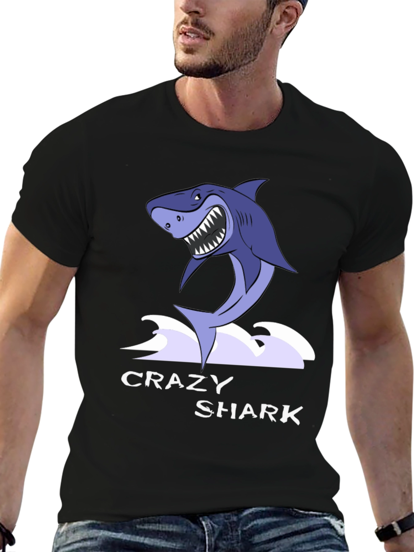 Black Crazy Shark Graphic Tee - Black Cotton T-Shirt view 6