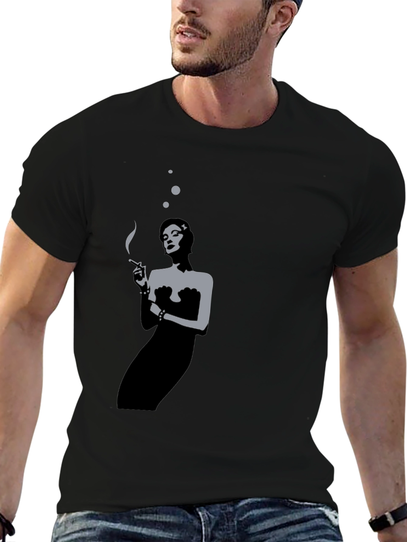 Black Retro Smoking Woman Black T-Shirt view 6