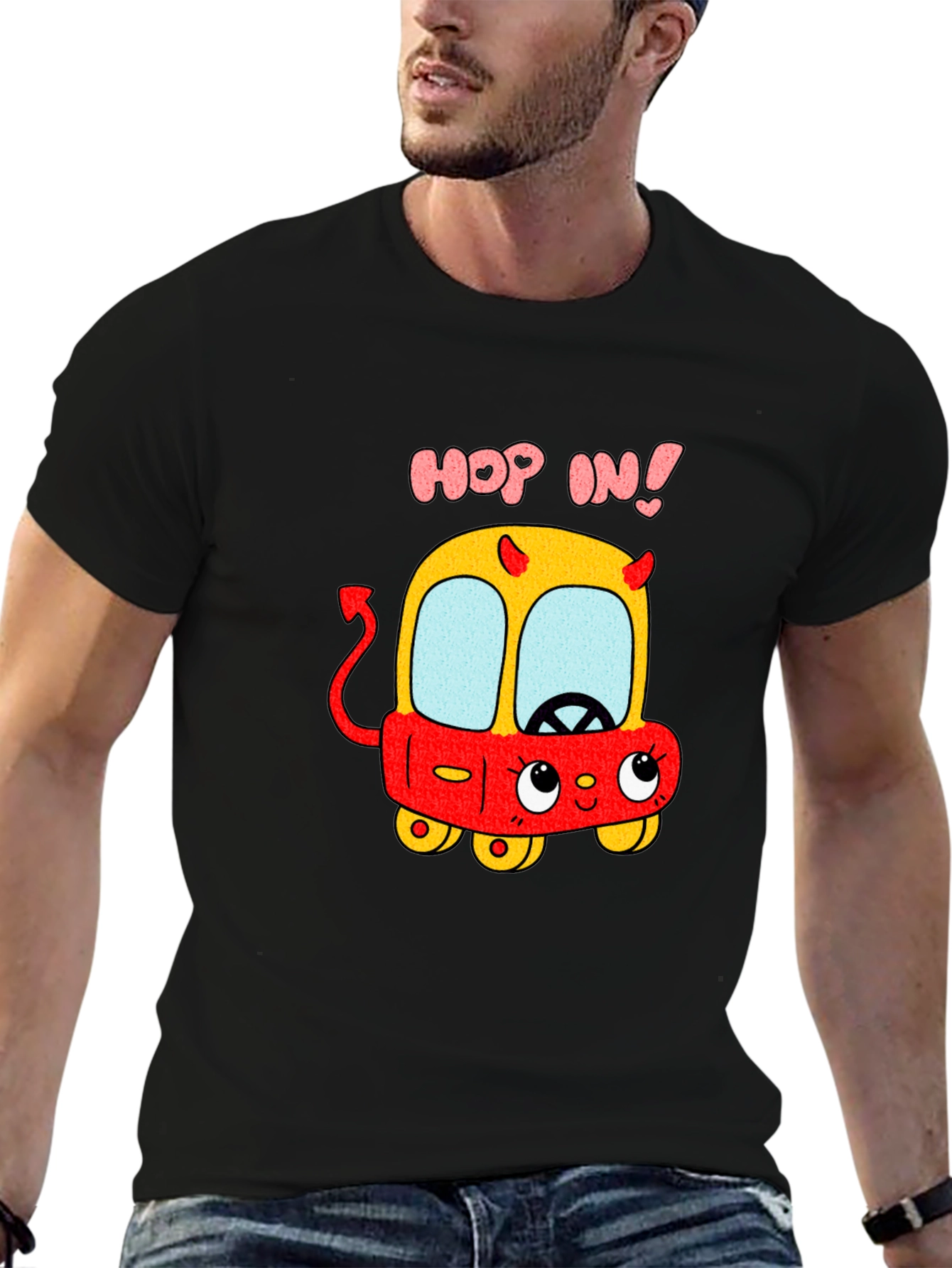 Black Funny Cartoon Devil Car T-Shirt - Hop In! view 6