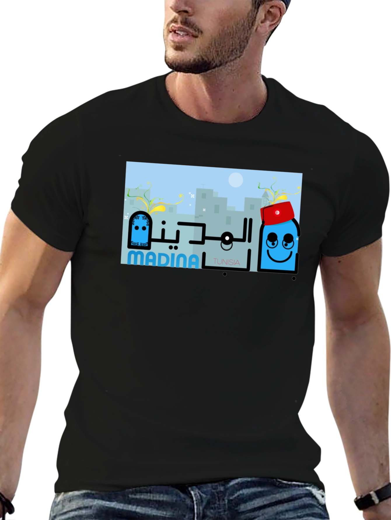 Black Madina Tunisia Graphic Tee - Cityscape T-Shirt view 6