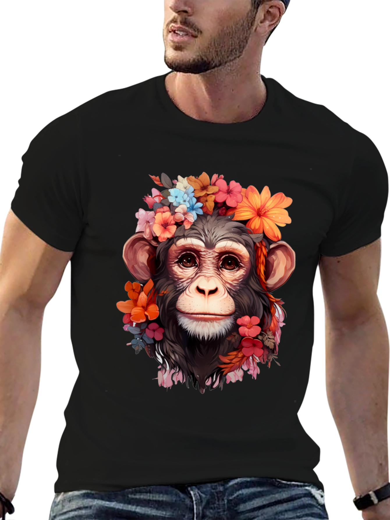 Black Floral Monkey T-Shirt - Unique Graphic Tee view 6