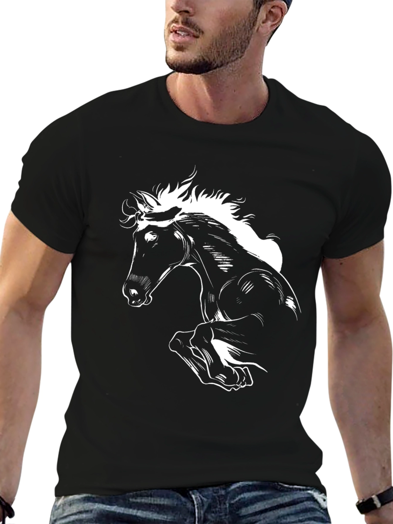 Black Black T-Shirt with White Horse Graphic Tee view 6