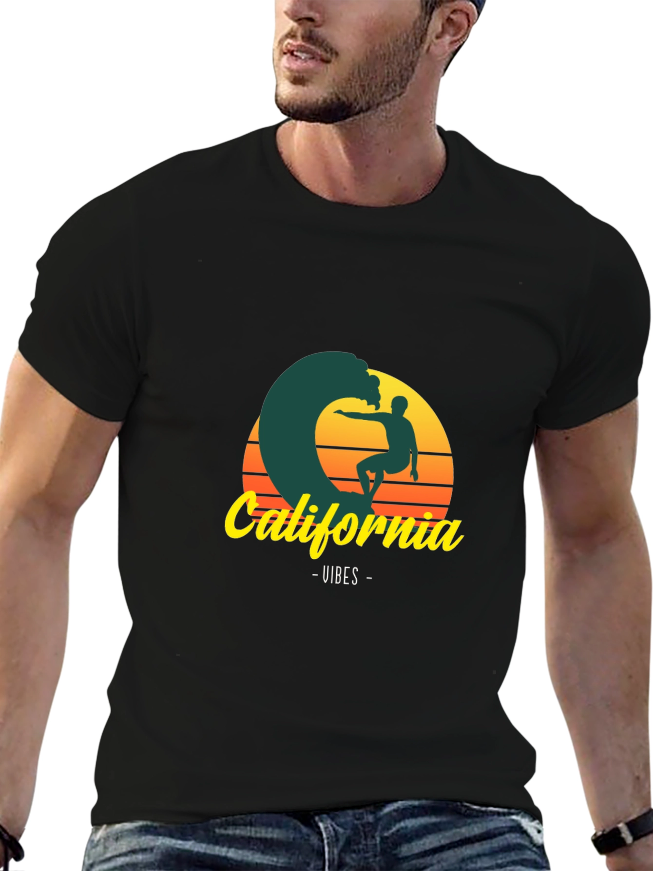 Black California Vibes Graphic Tee - Surfer T-Shirt view 6