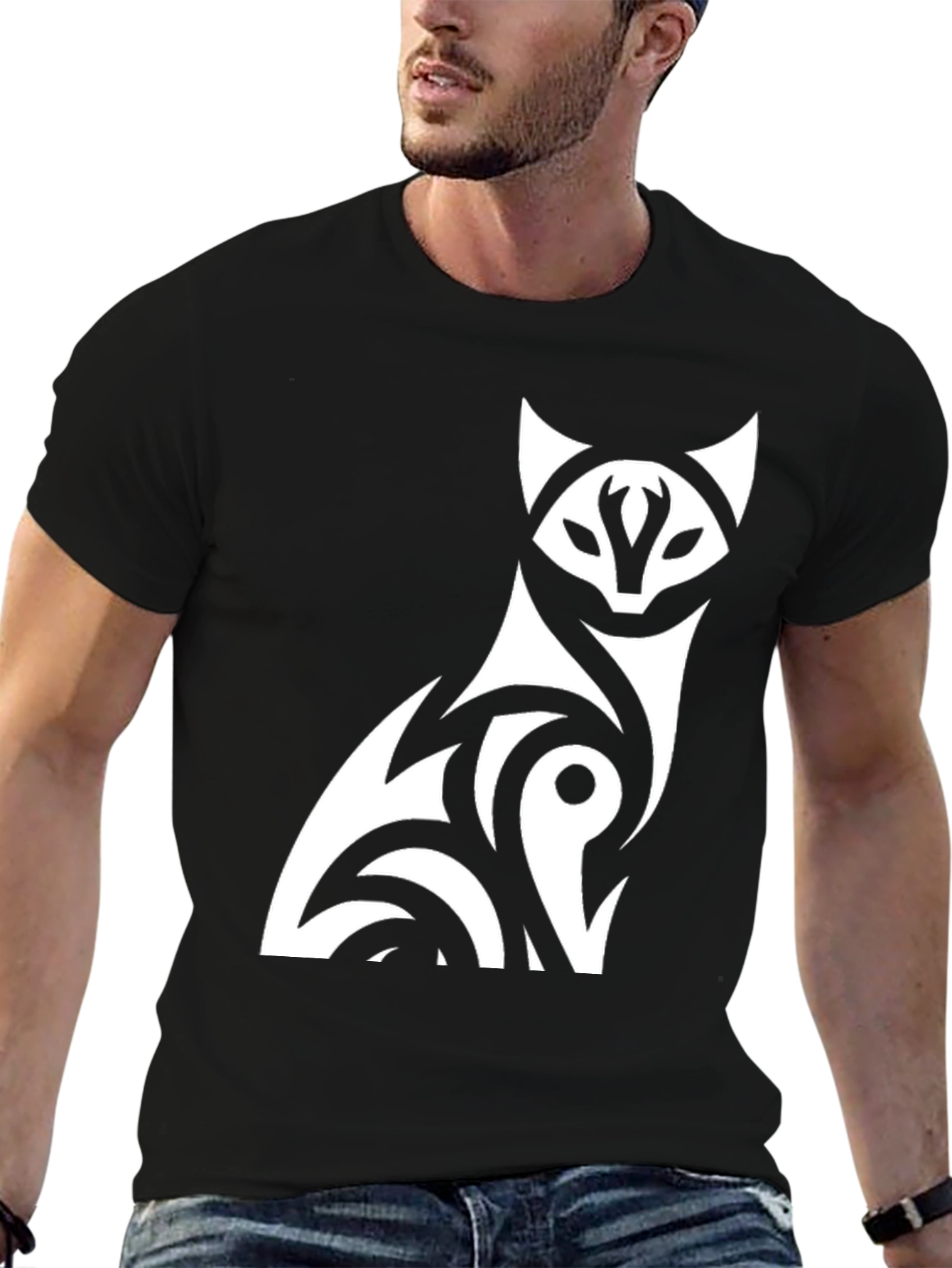Black Tribal Fox Graphic Tee - Stylish Black T-Shirt view 6