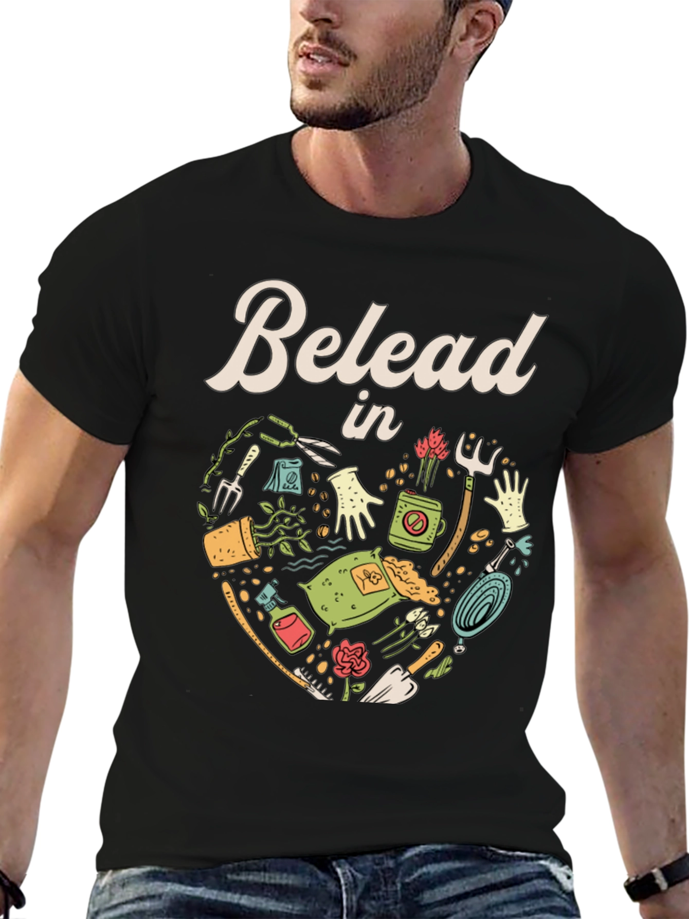 Black Gardening T-Shirt - "Belead in" Design - Black view 6