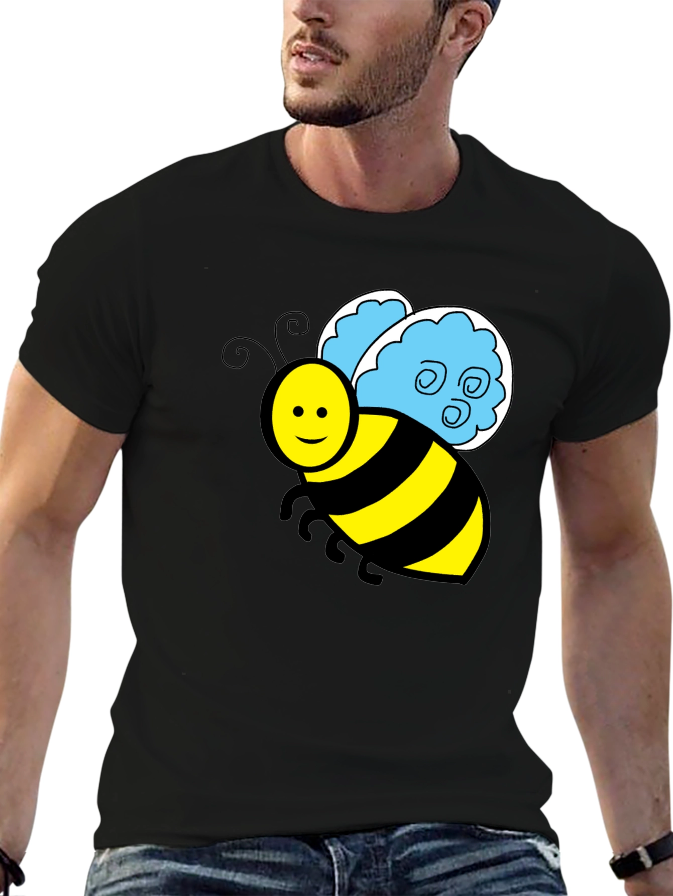 Black Cartoon Bee Graphic T-Shirt - Black Crew Neck Tee view 6