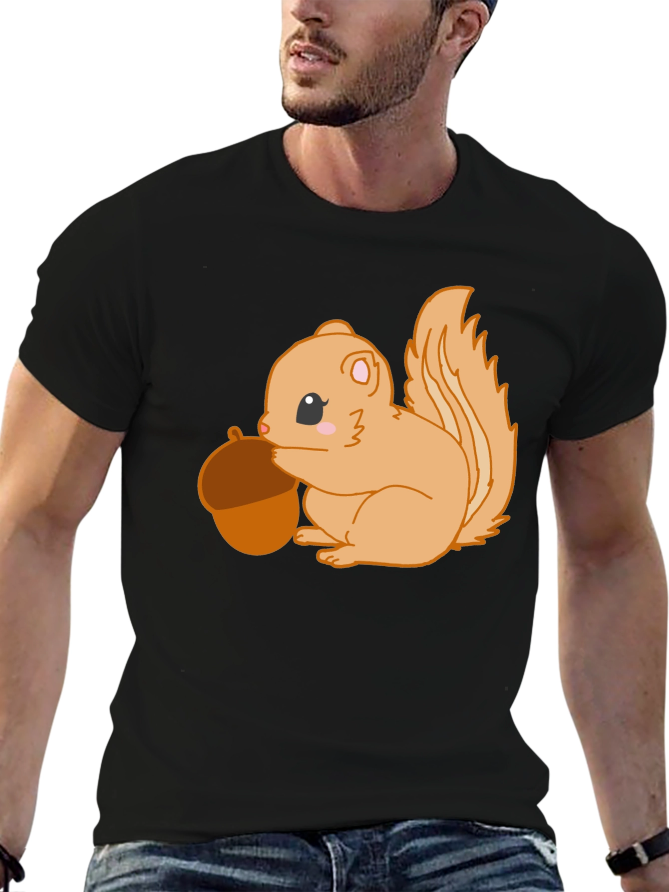 Black Cute Squirrel Holding Acorn Graphic Tee - Black view 6