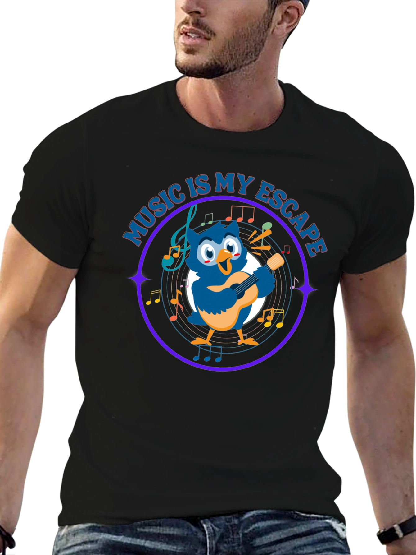 Black Music Is My Escape T-Shirt with Cartoon Owl view 6