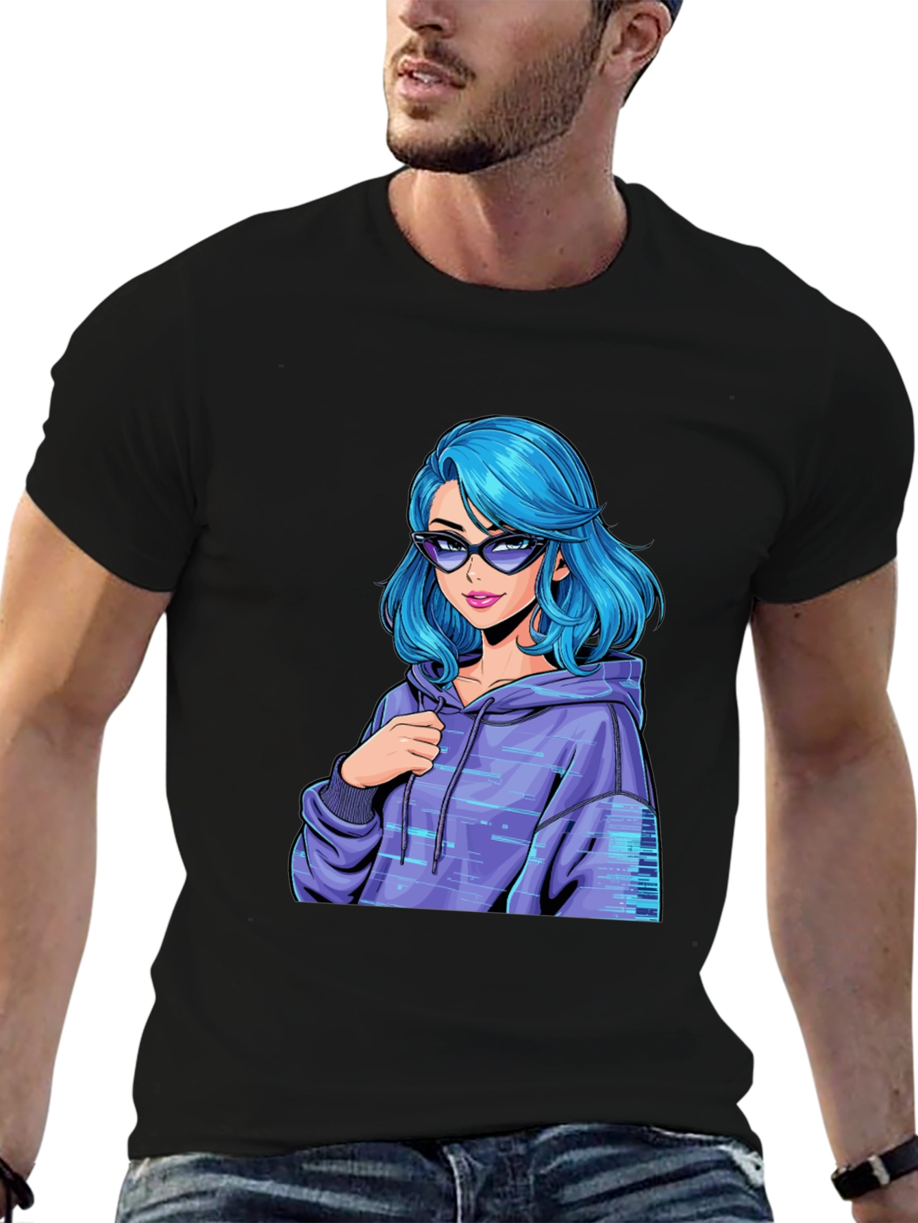 Stylish Black T-Shirt with Blue Anime Girl Design - 6