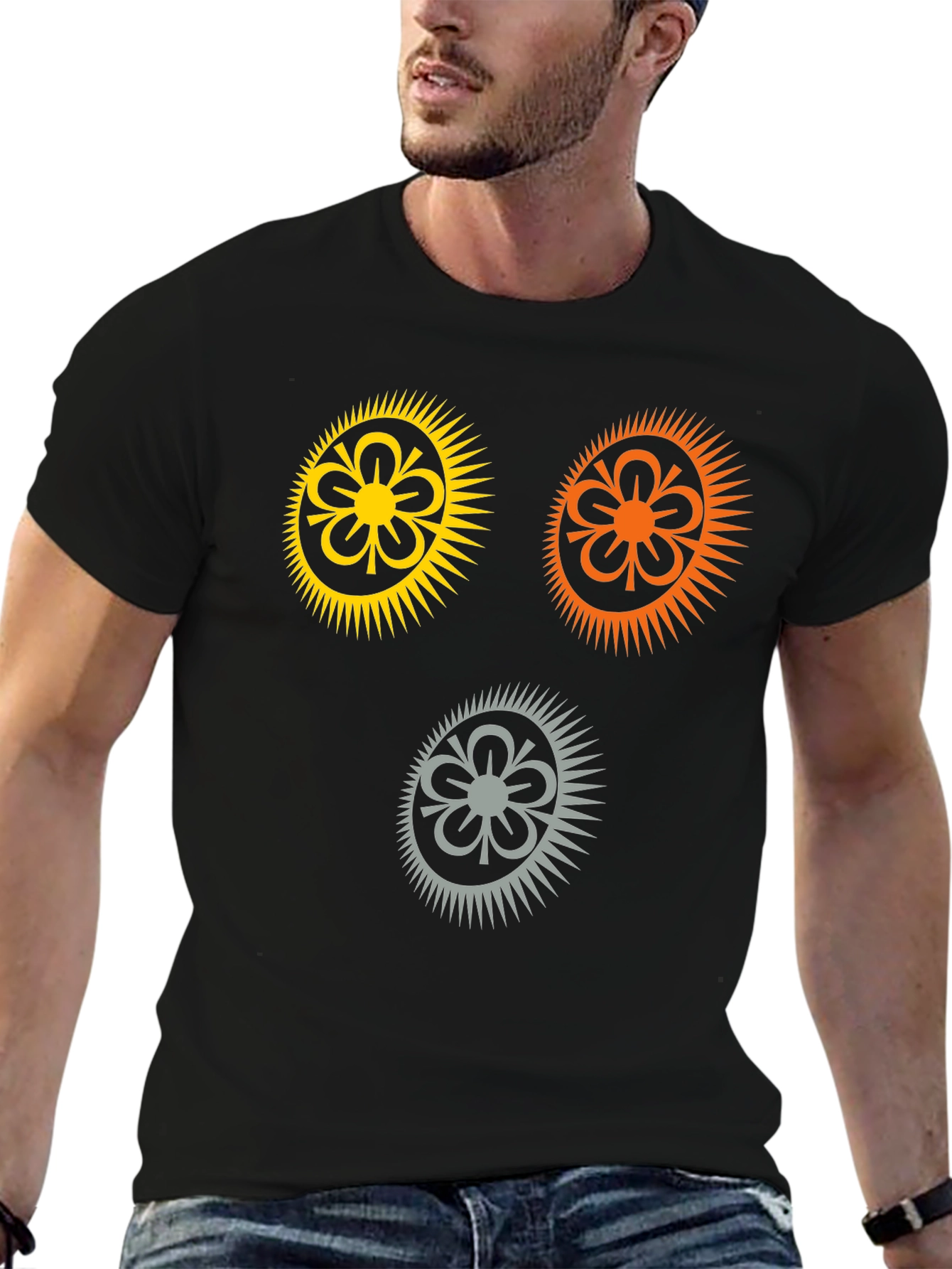 Black Stylish Black T-Shirt with Floral Sun Graphic view 6