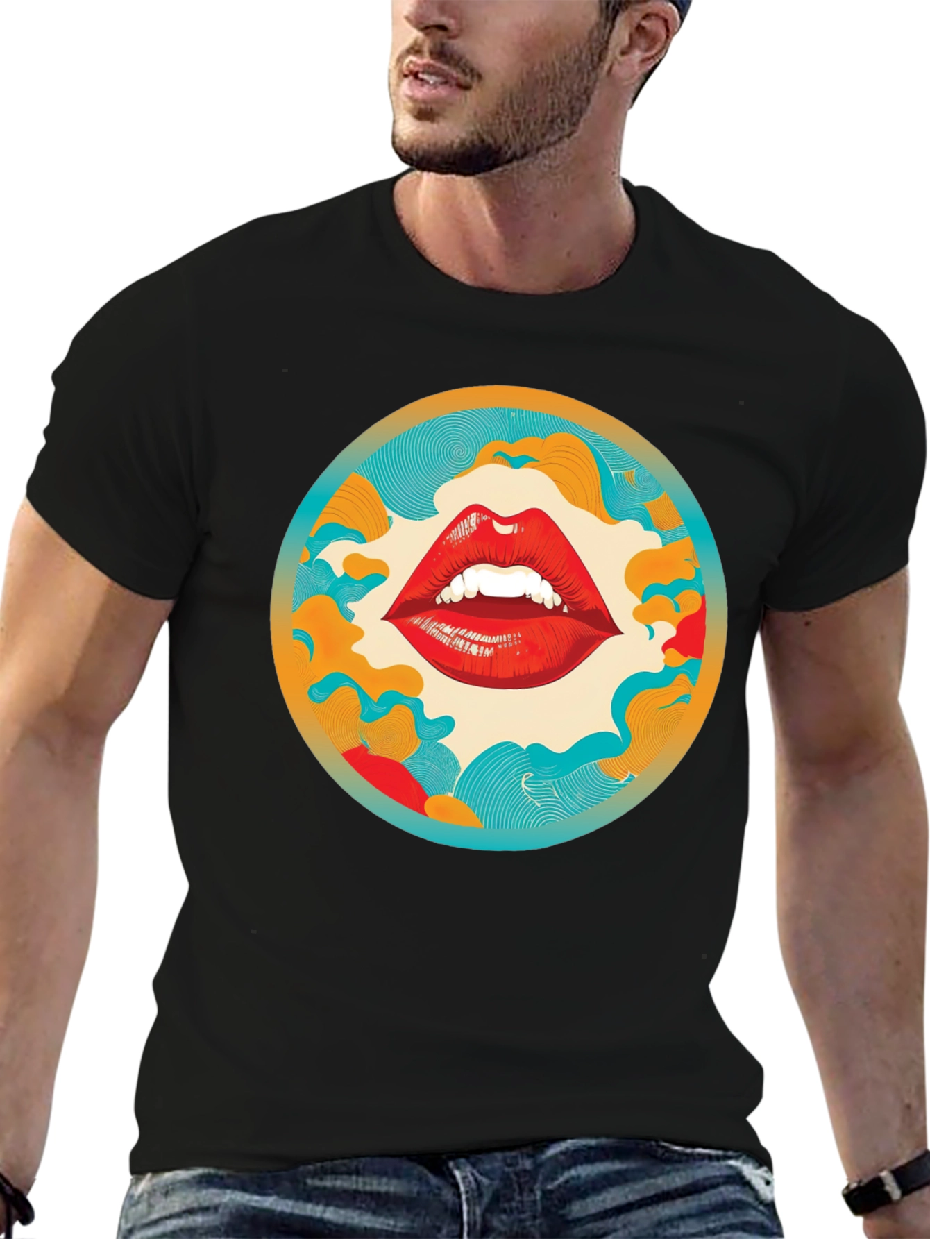 Black Graphic Lips Print Crew Neck Tee view 6