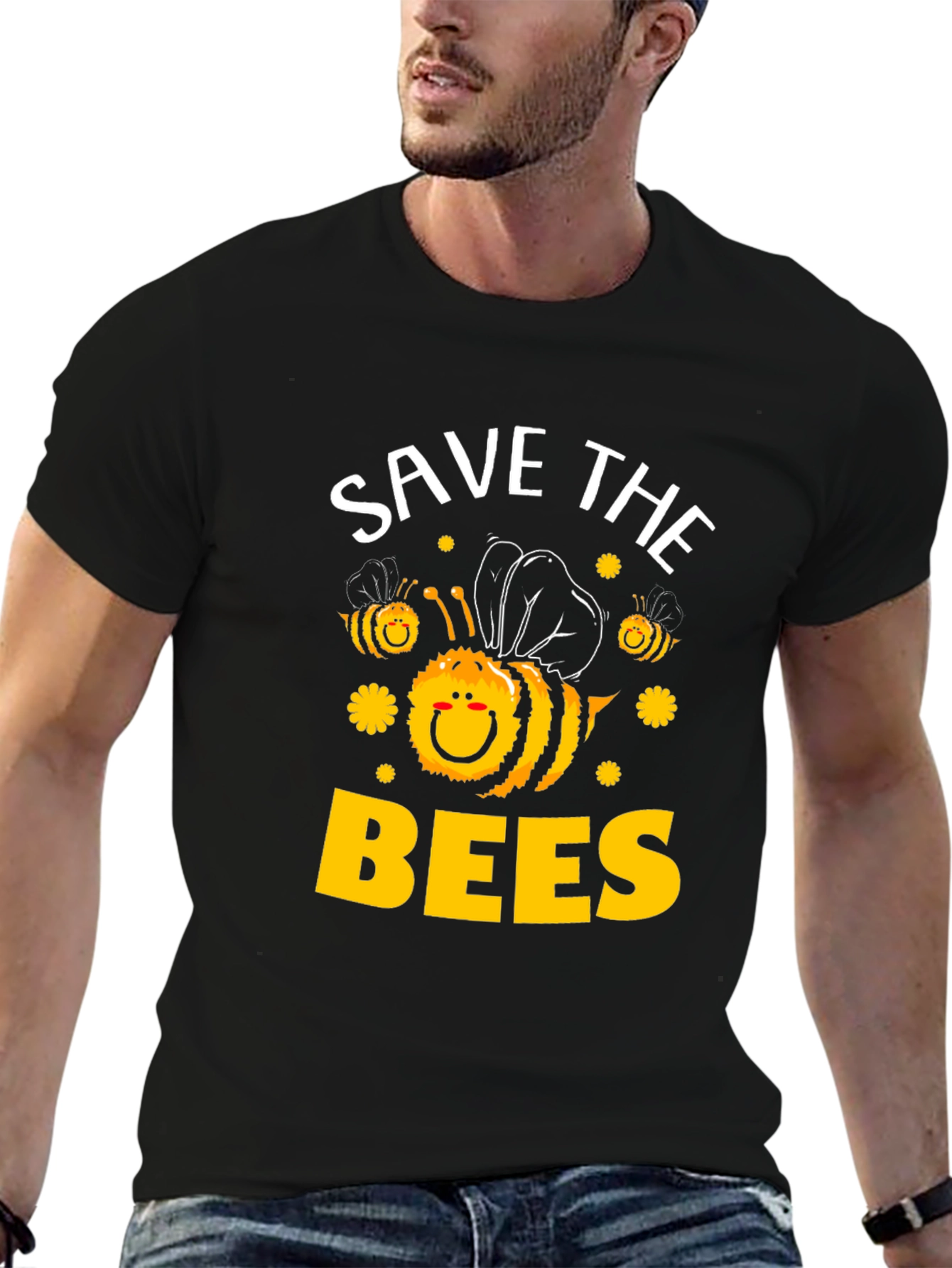 Black Save the Bees T-Shirt - Black, Cute Bee Graphic view 6