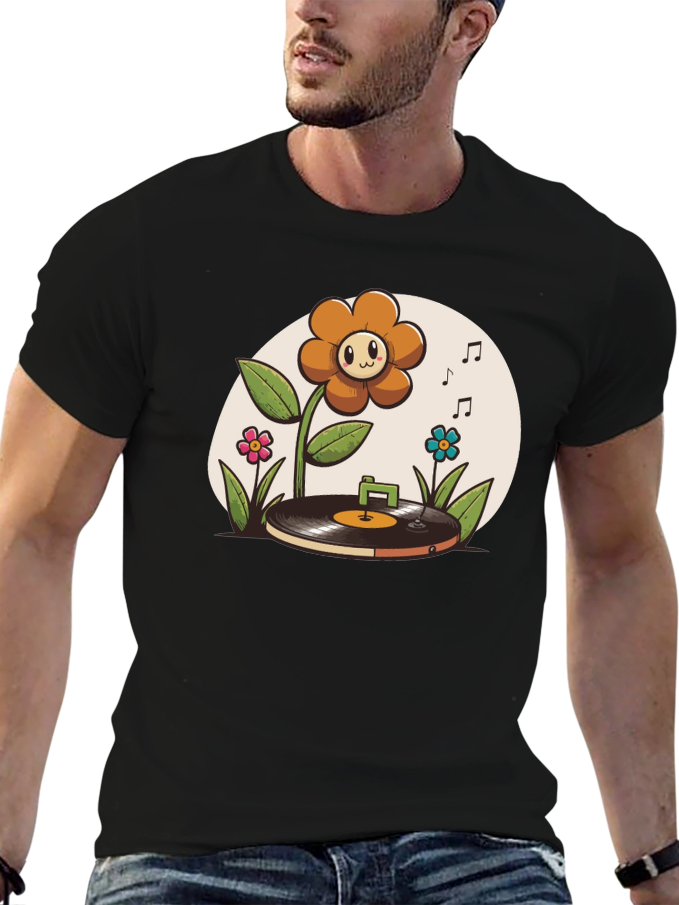Black Groovy Flower Power Music T-Shirt view 6